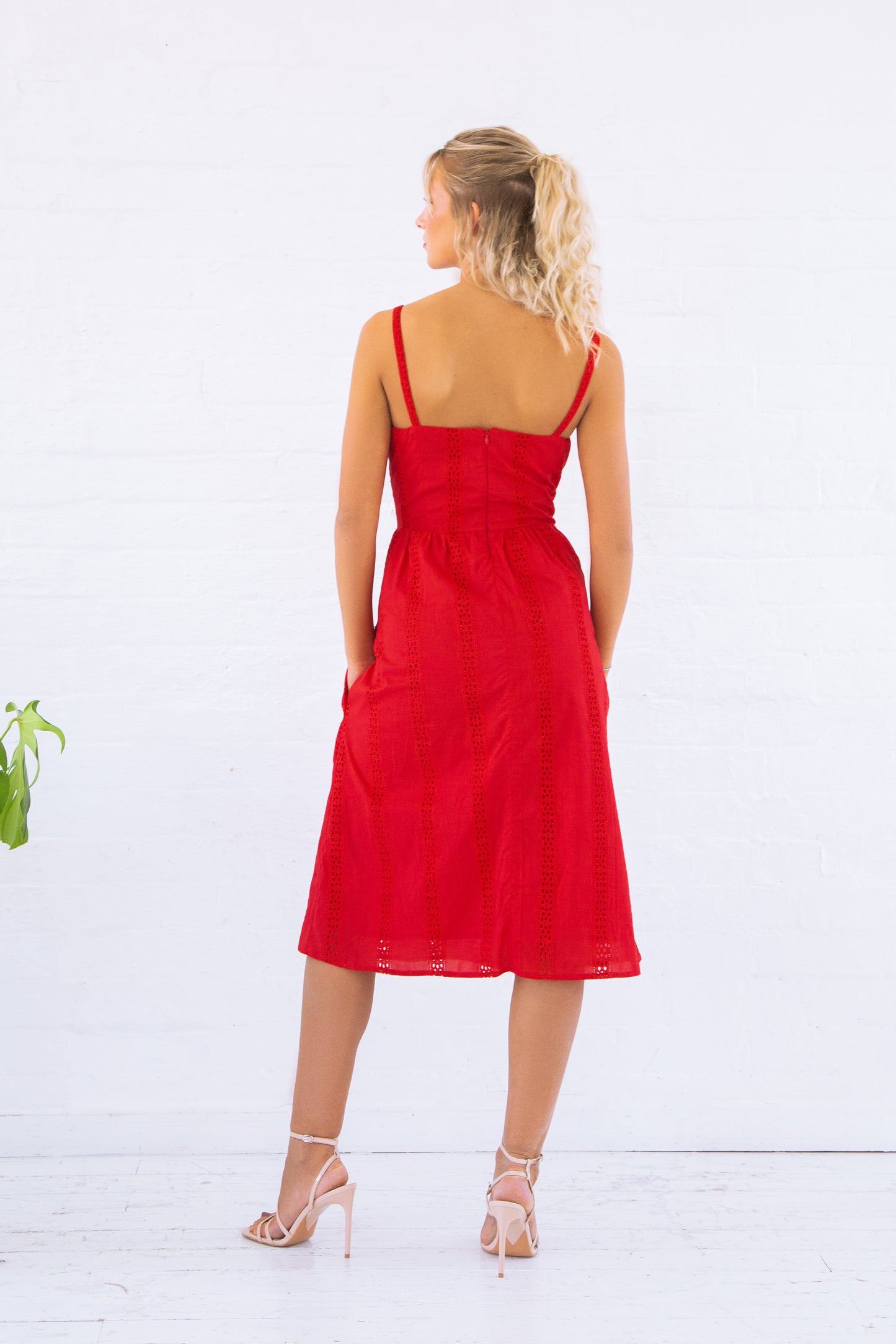 Red Embroidered Organic Cotton Midi Dress