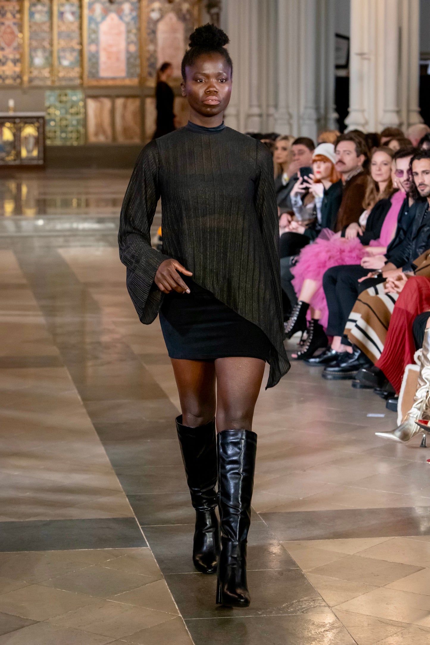 Black and gold sheer asymmetric top