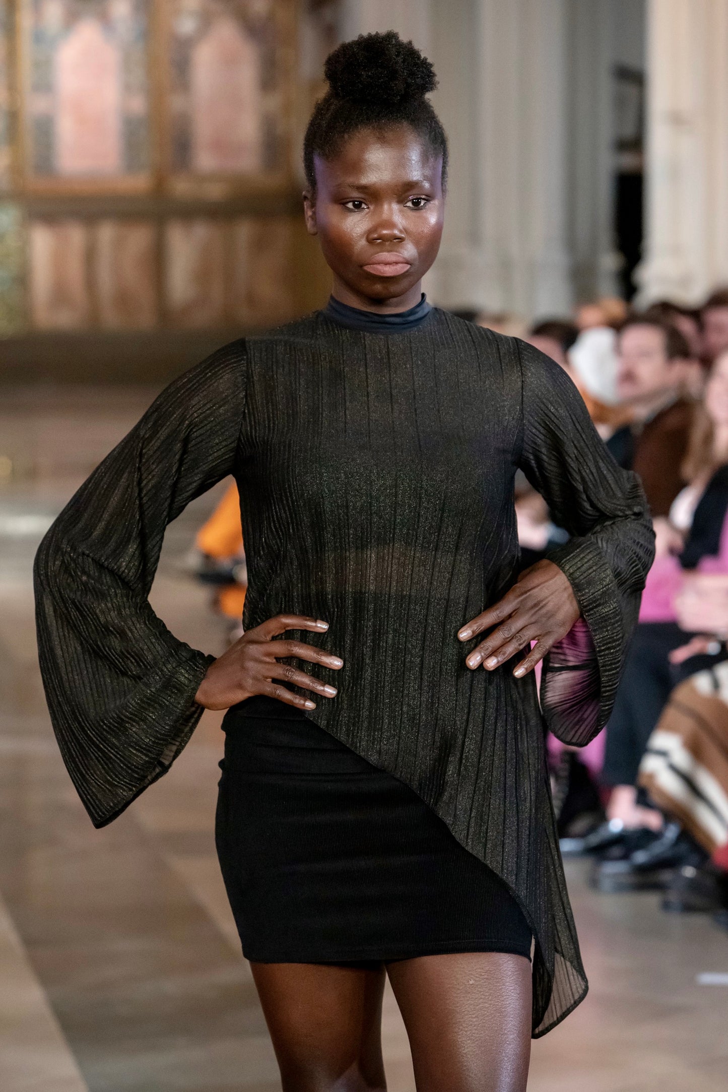 Black and gold sheer asymmetric top