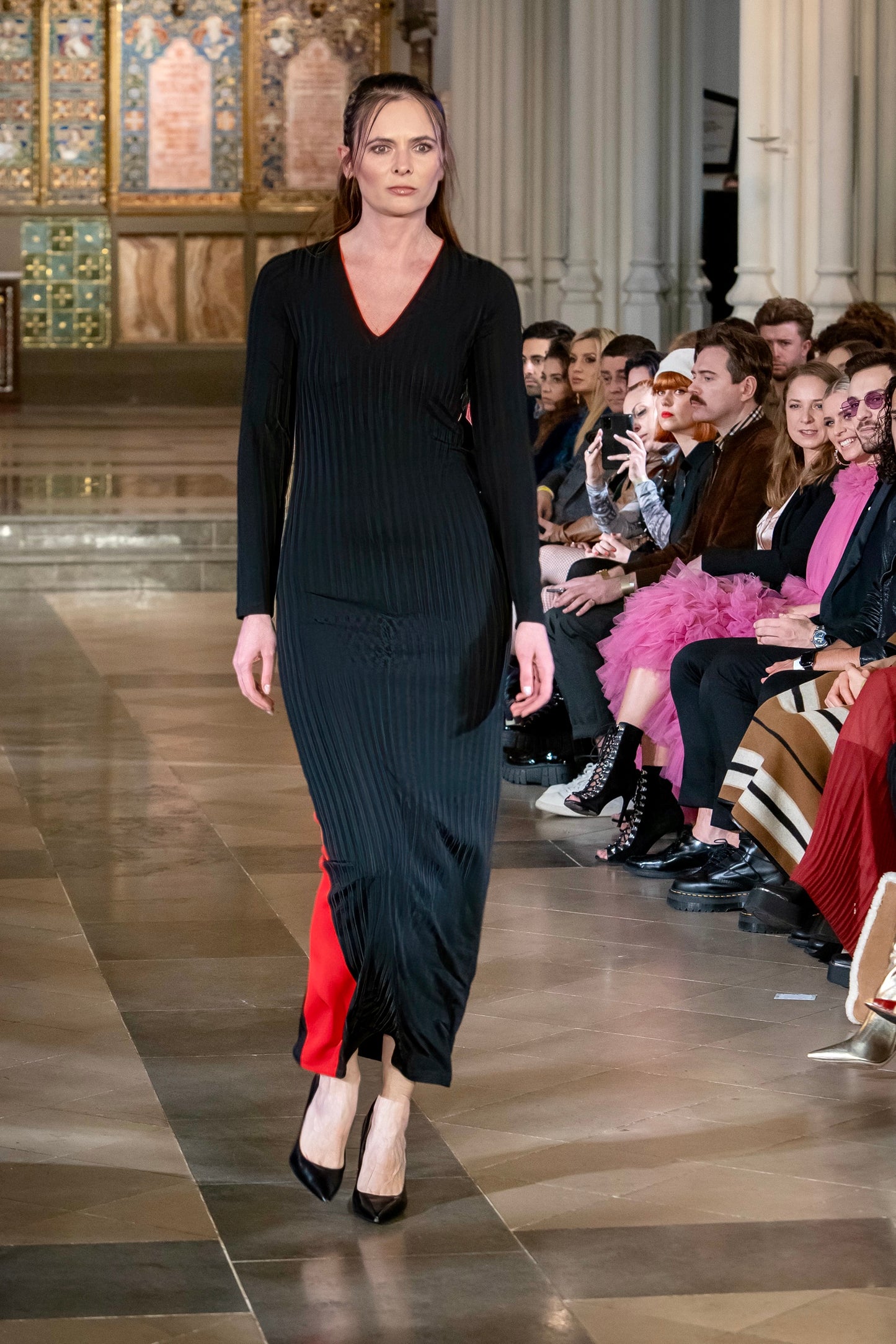 Black and red recycled V neck maxi dress