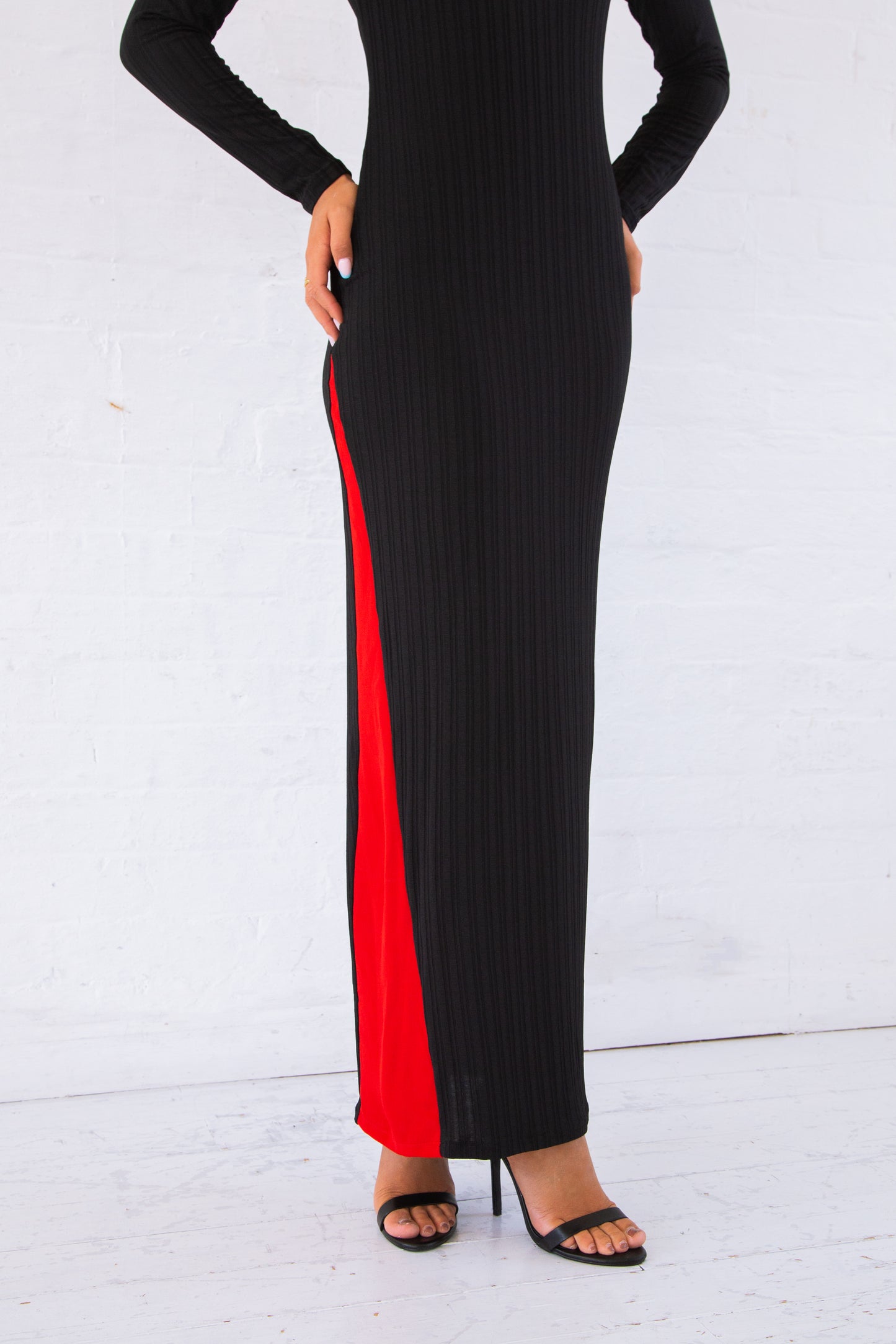 Black and red recycled V neck maxi dress