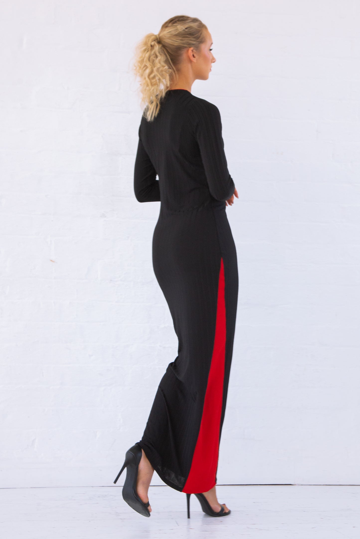 Black and red recycled V neck maxi dress