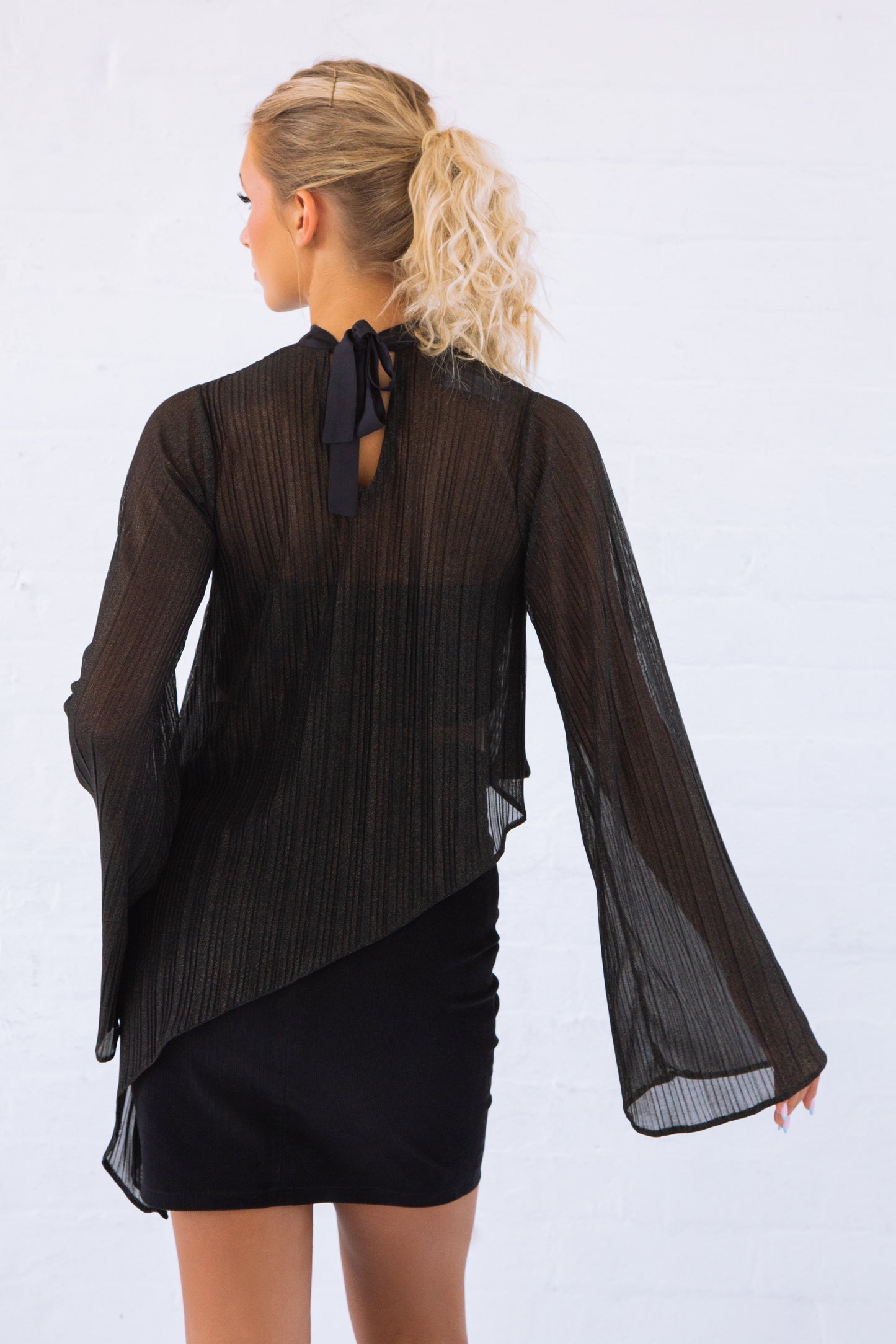 Black and gold sheer asymmetric top