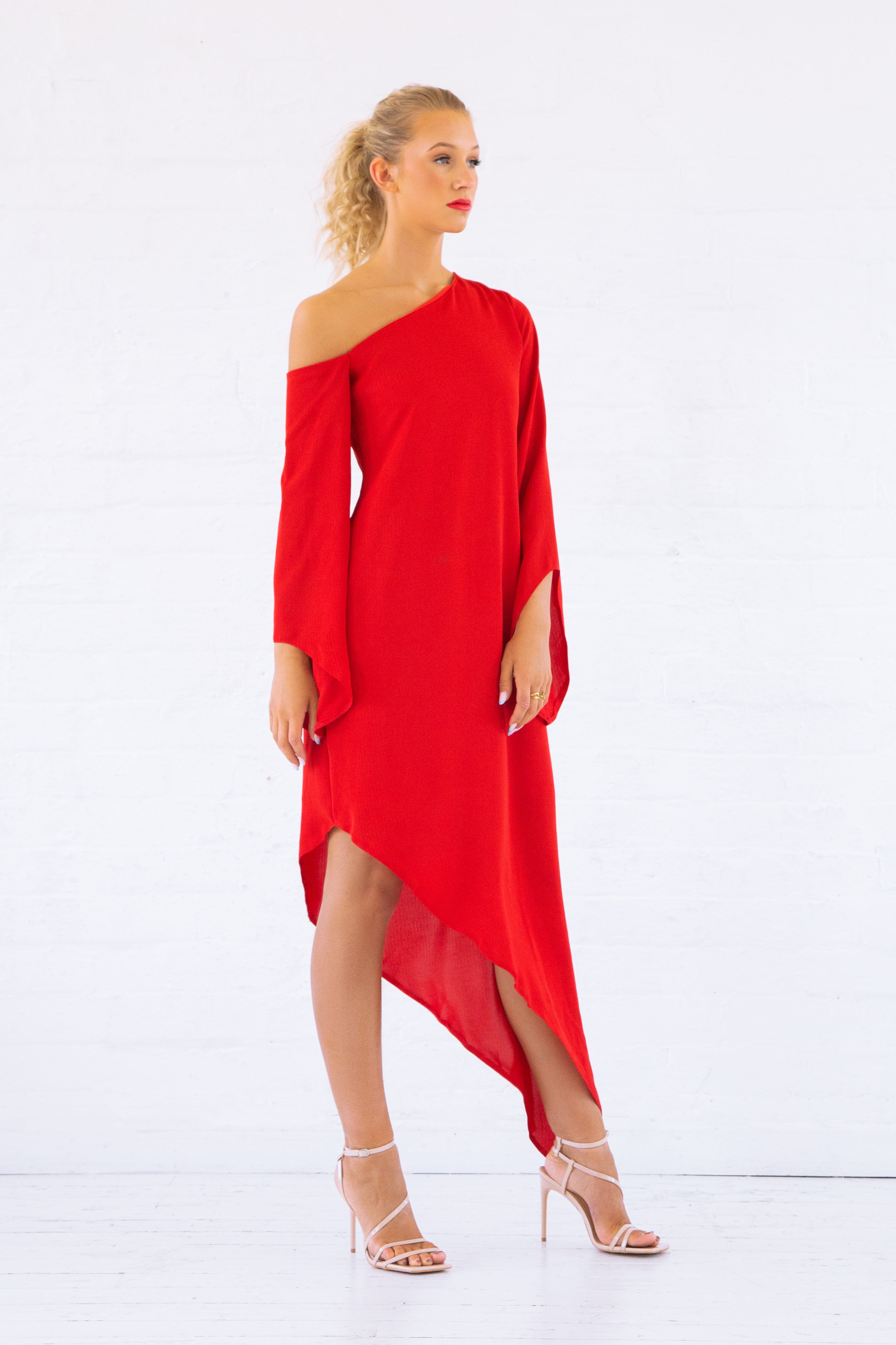 Red Asymmetric One Shoulder Dress Megan Ismay