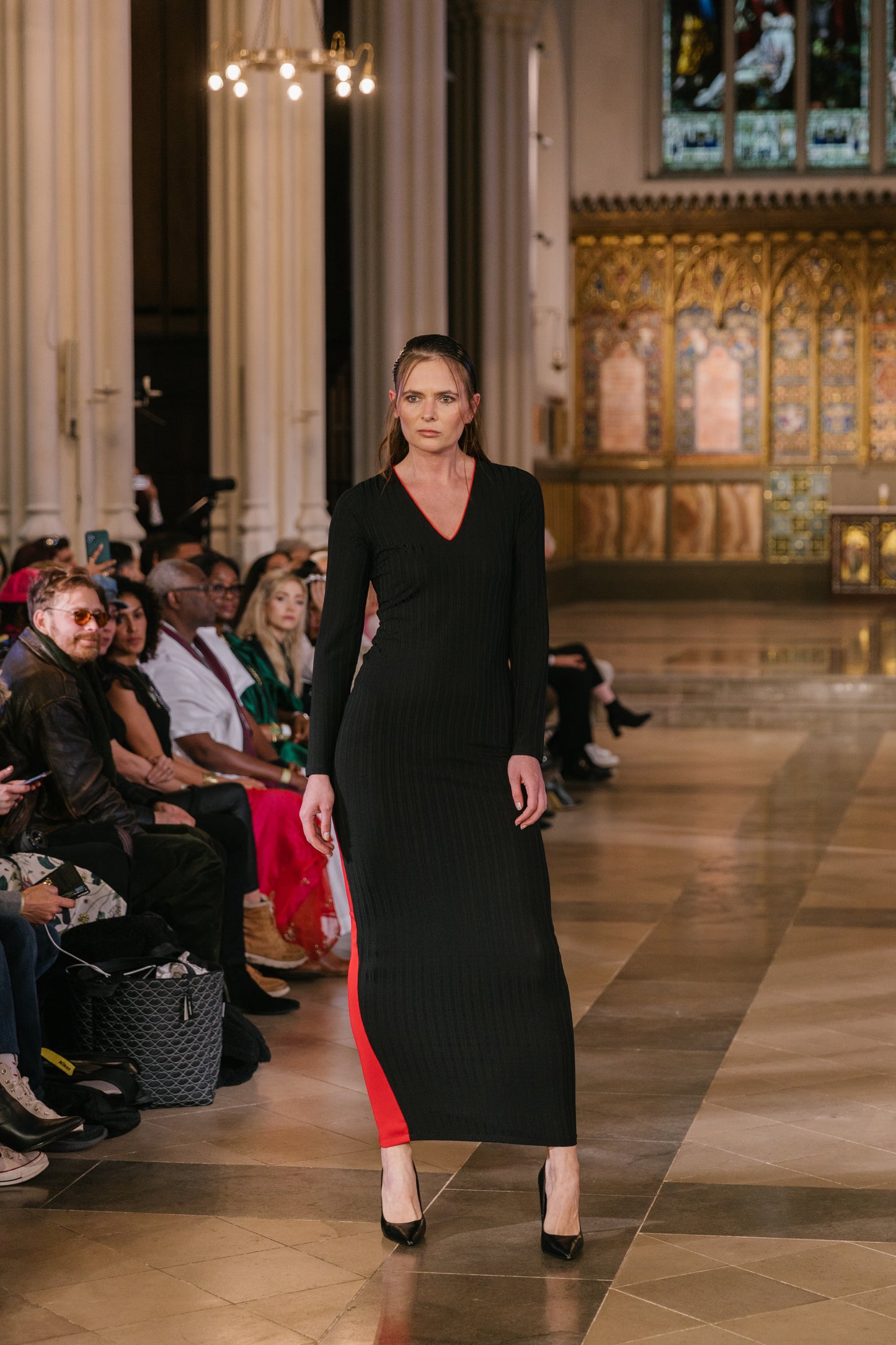 Black and red recycled V neck maxi dress