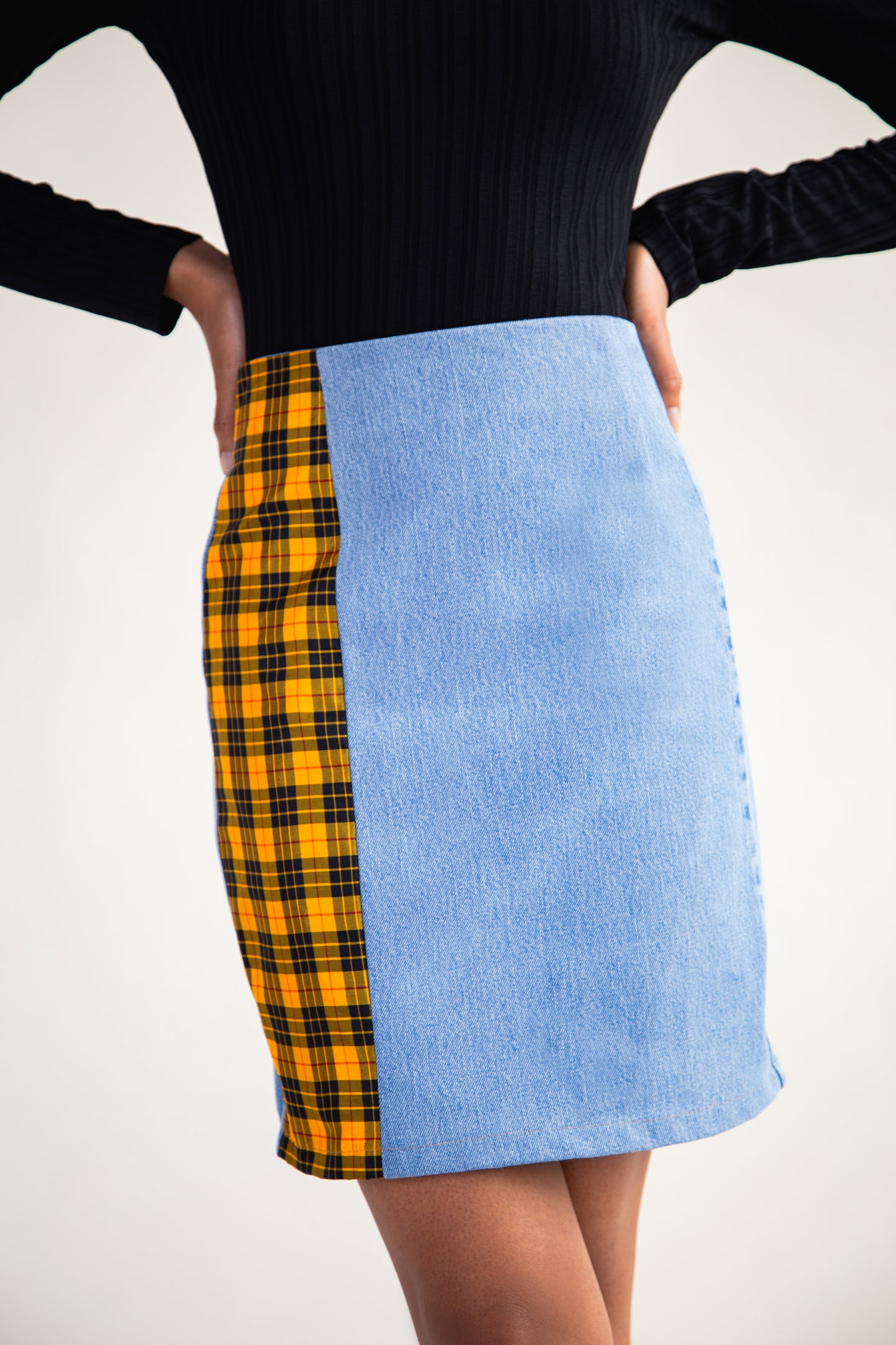 Yellow Tartan and Recycled Denim Mini Skirt