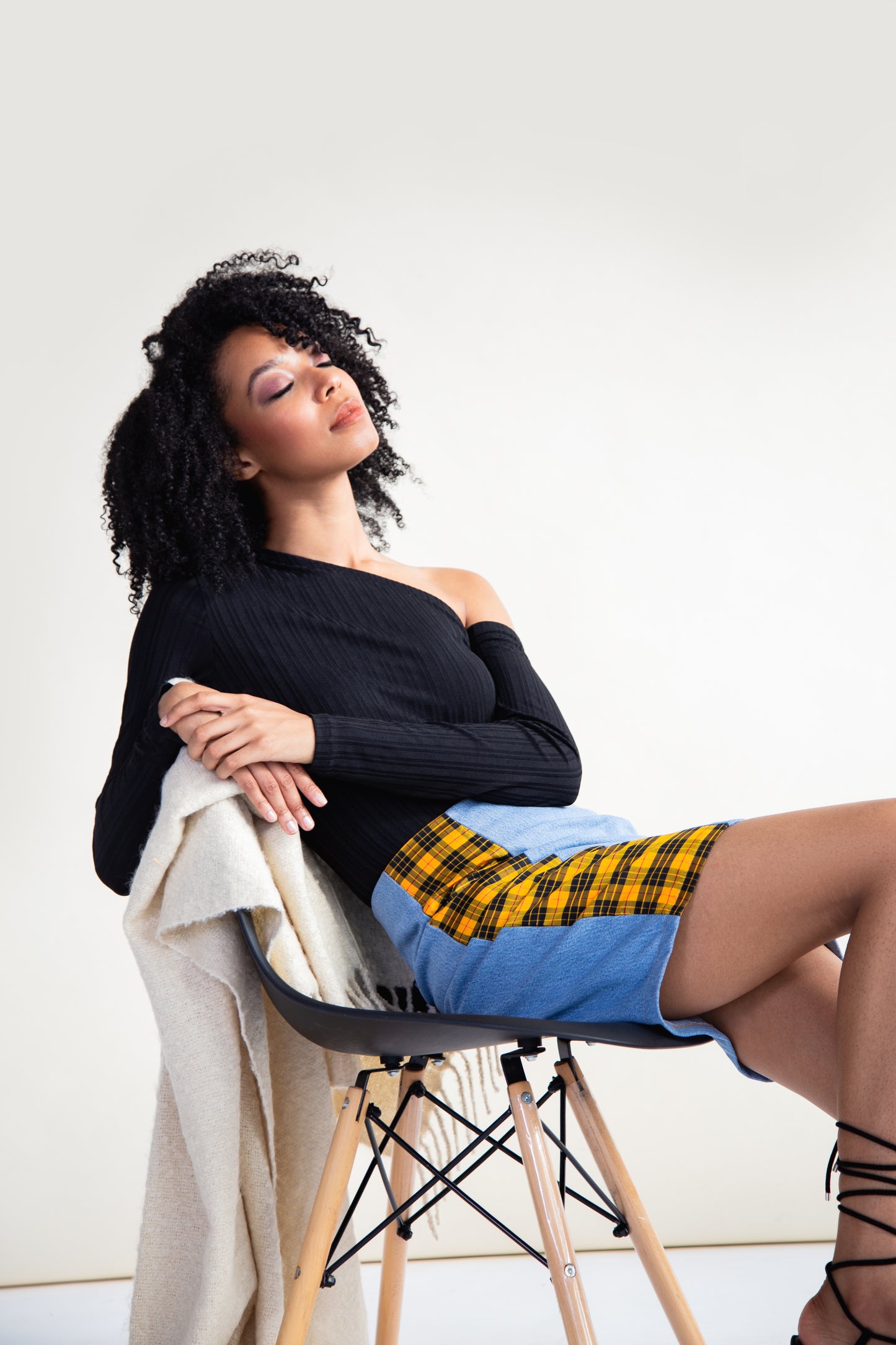 Yellow Tartan and Recycled Denim Mini Skirt