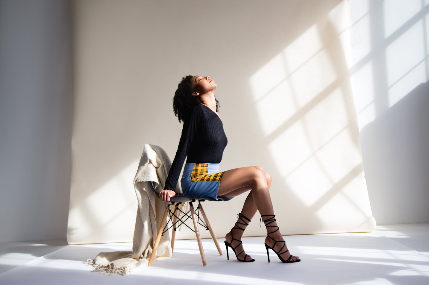 Yellow Tartan and Recycled Denim Mini Skirt