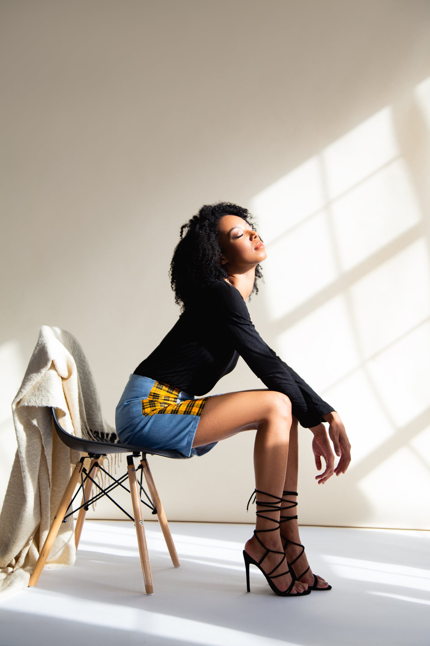 Yellow Tartan and Recycled Denim Mini Skirt
