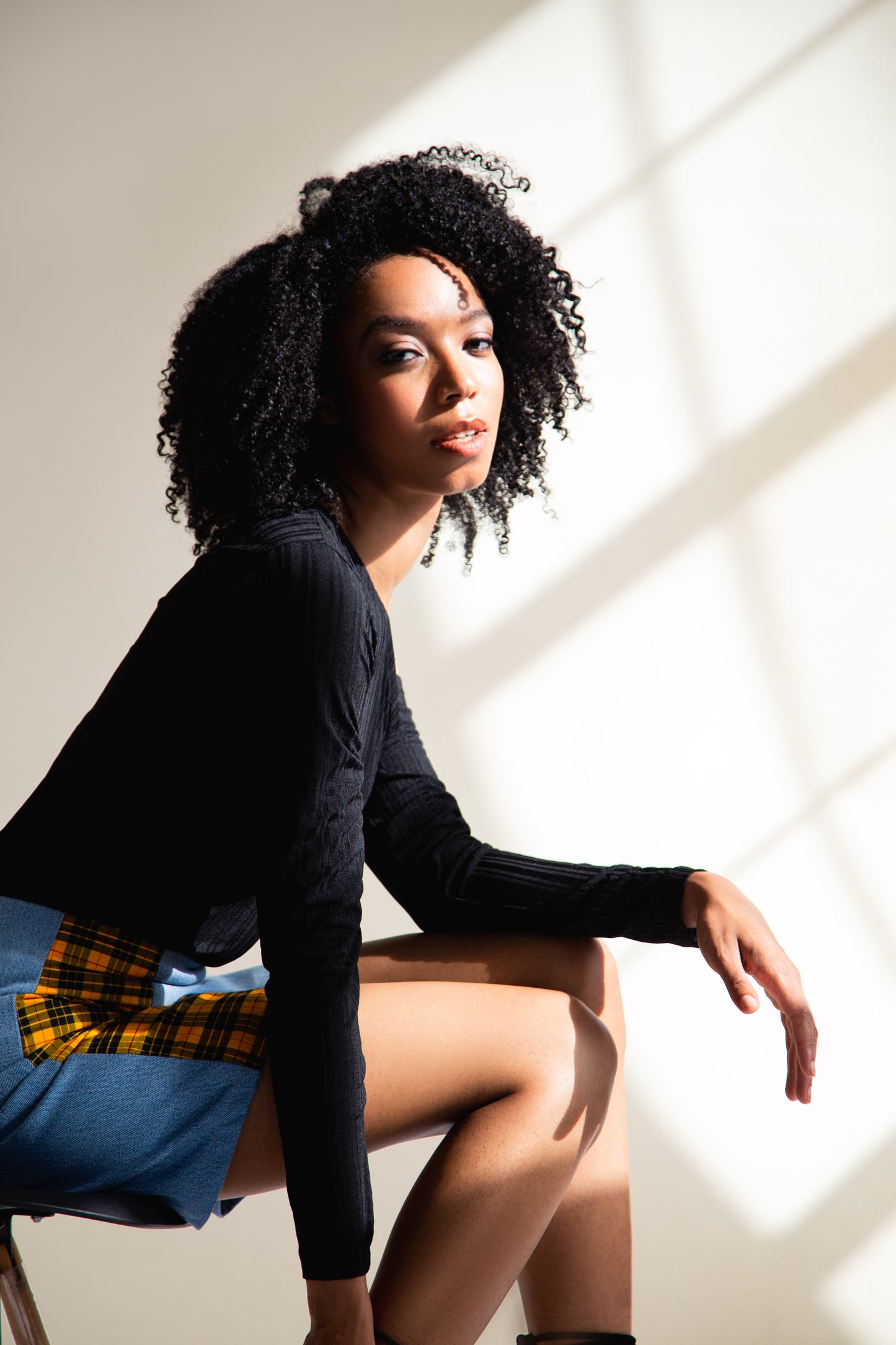 Yellow Tartan and Recycled Denim Mini Skirt