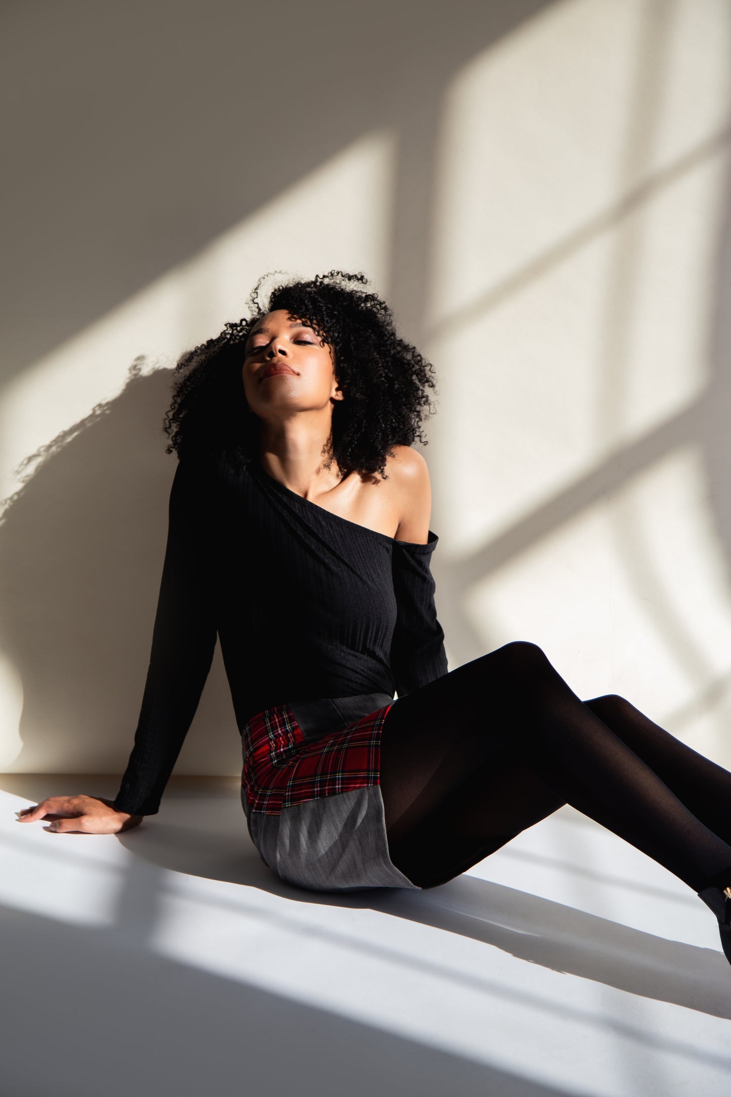 Red Tartan and Recycled Denim Mini Skirt