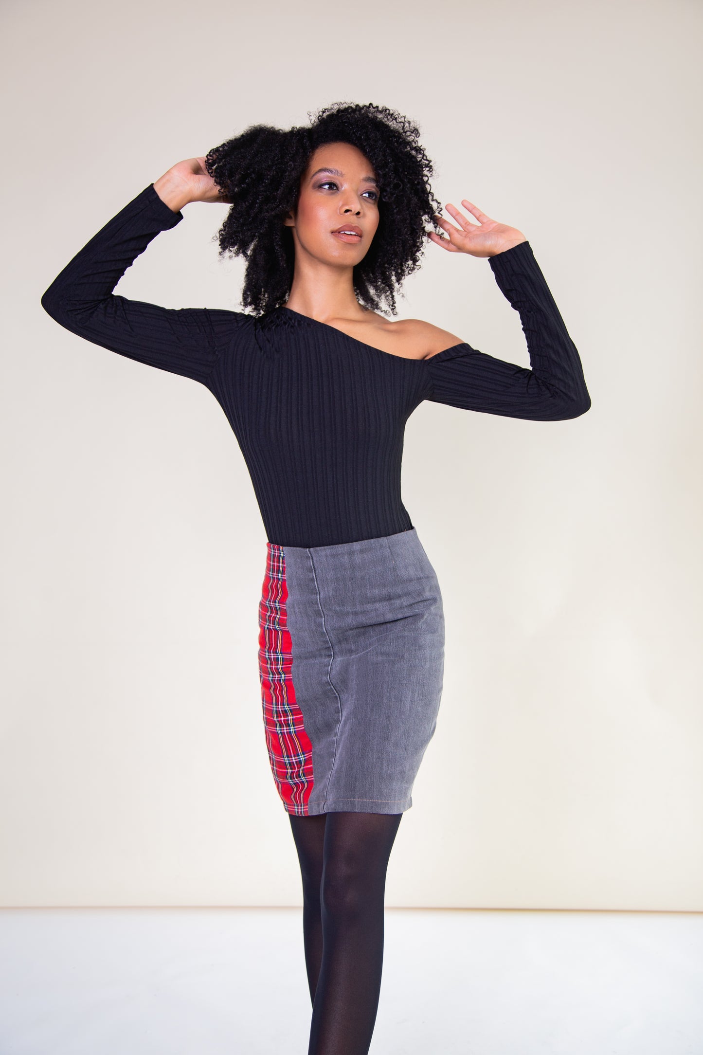 Red Tartan and Recycled Denim Mini Skirt