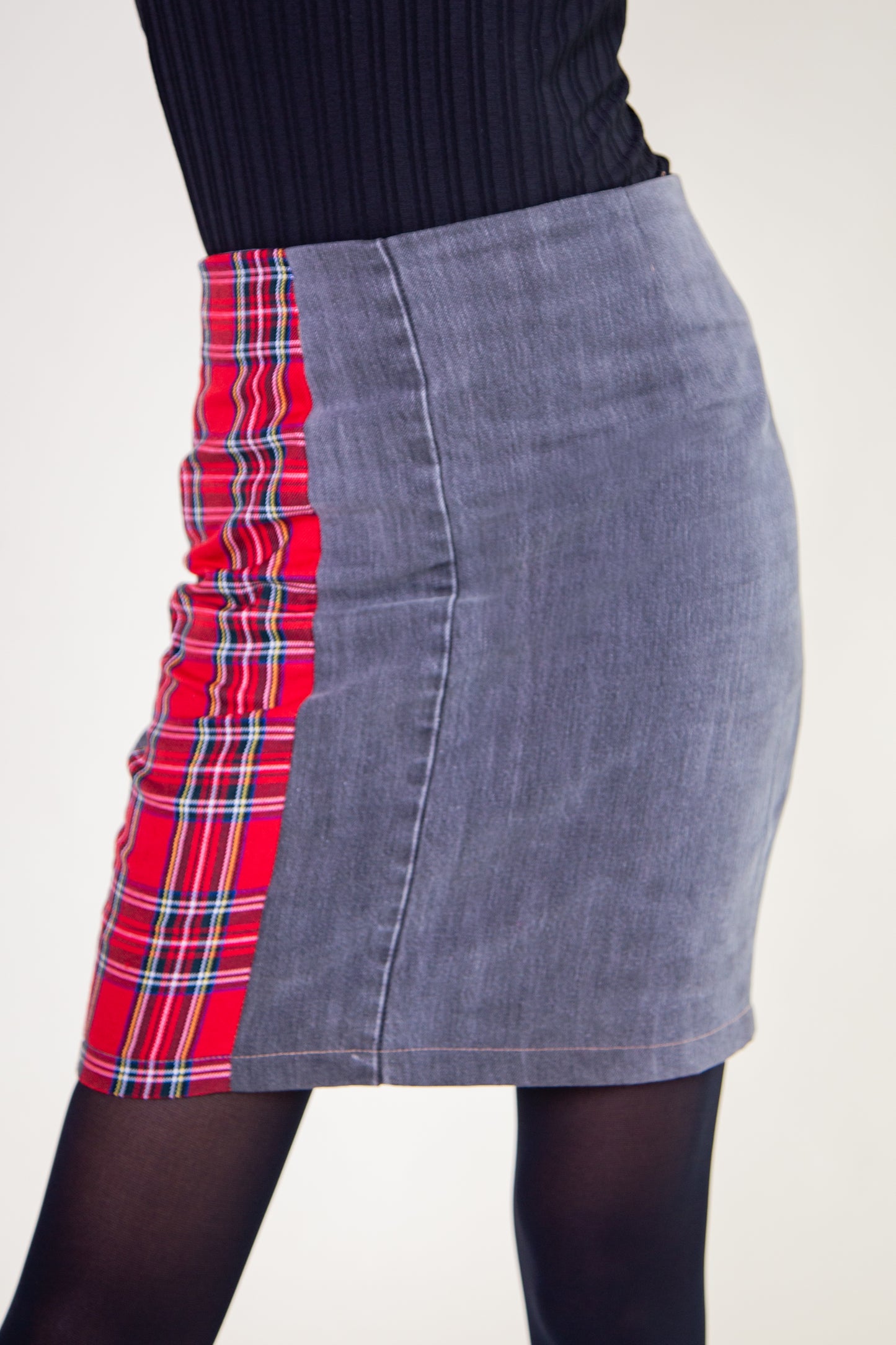Red Tartan and Recycled Denim Mini Skirt