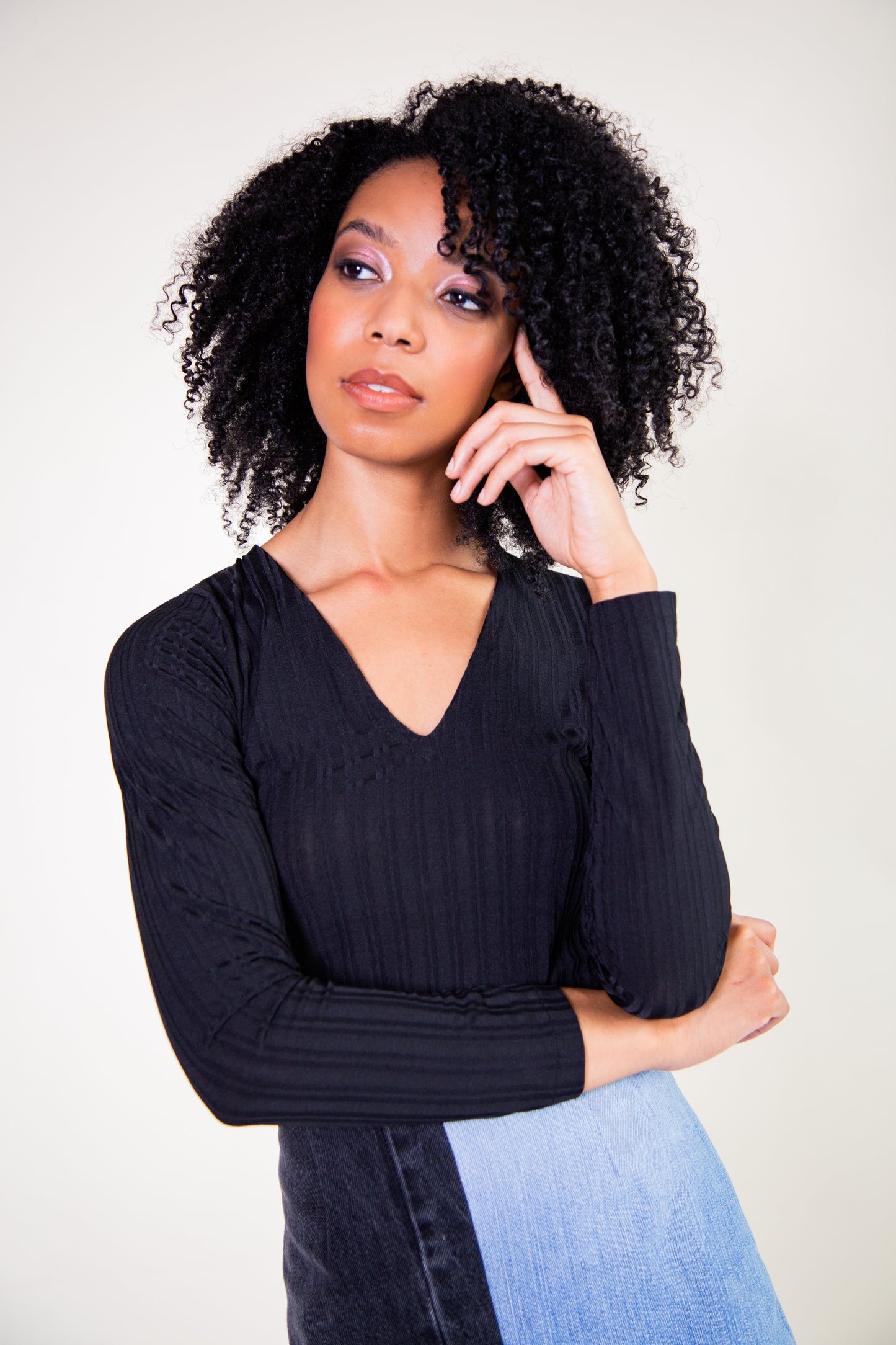 Black recycled V neck top