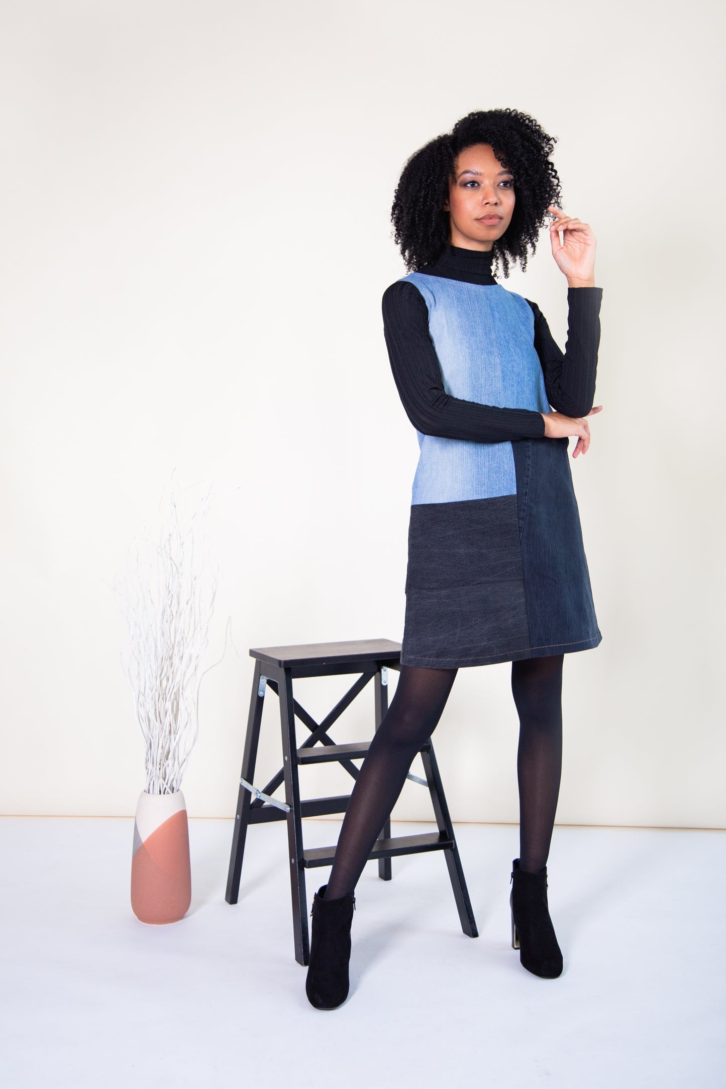 100% Recycled denim patchwork mini dress
