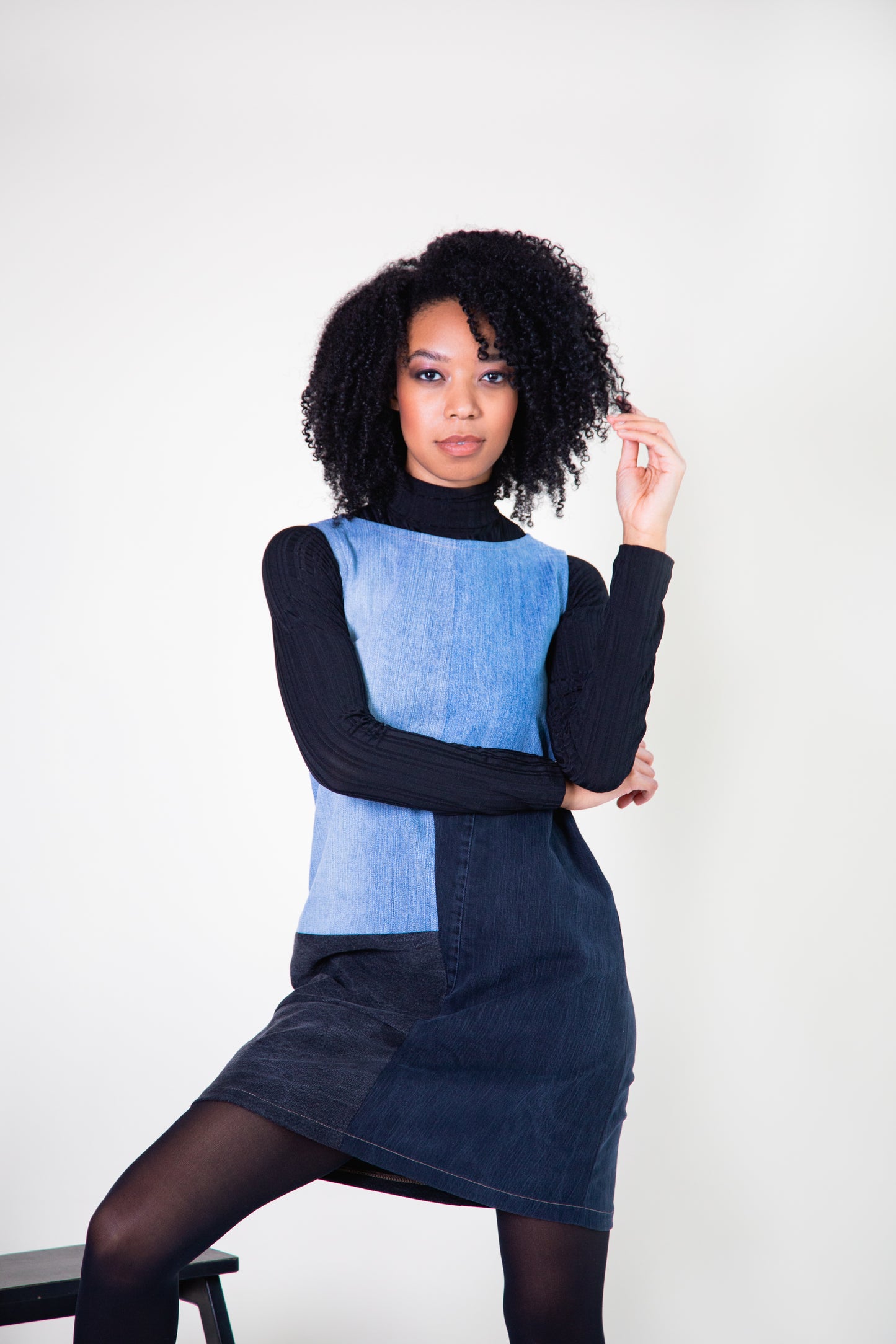100% Recycled denim patchwork mini dress