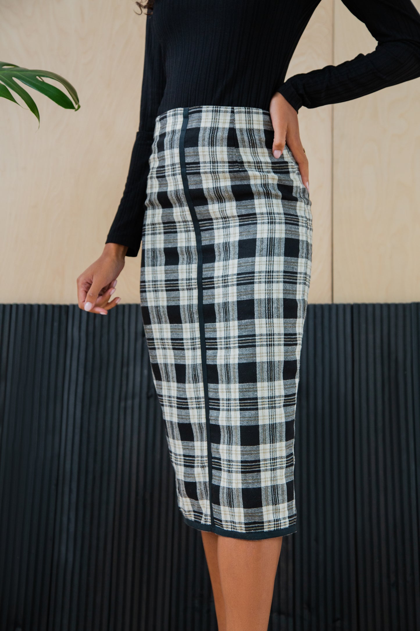 Black and gold tartan midi skirt