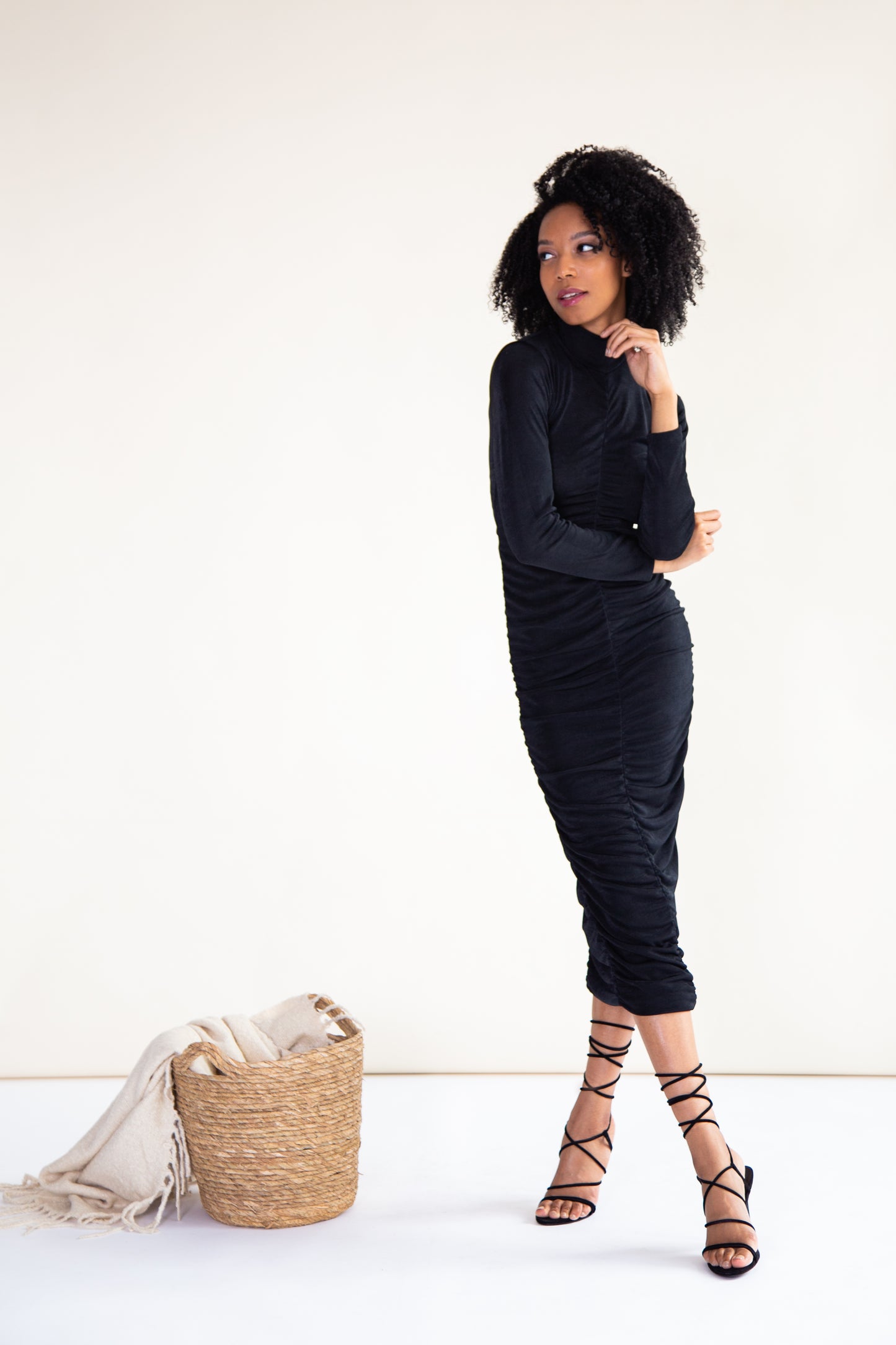 Black recycled ruched midi dress