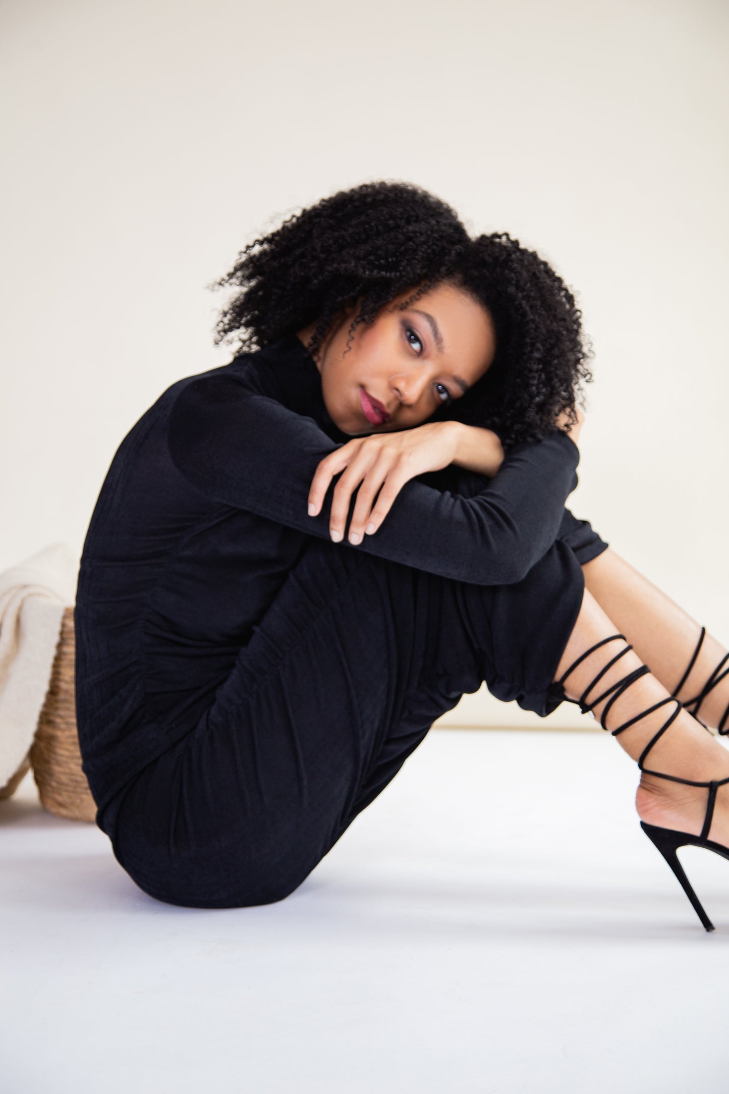 Black recycled ruched midi dress