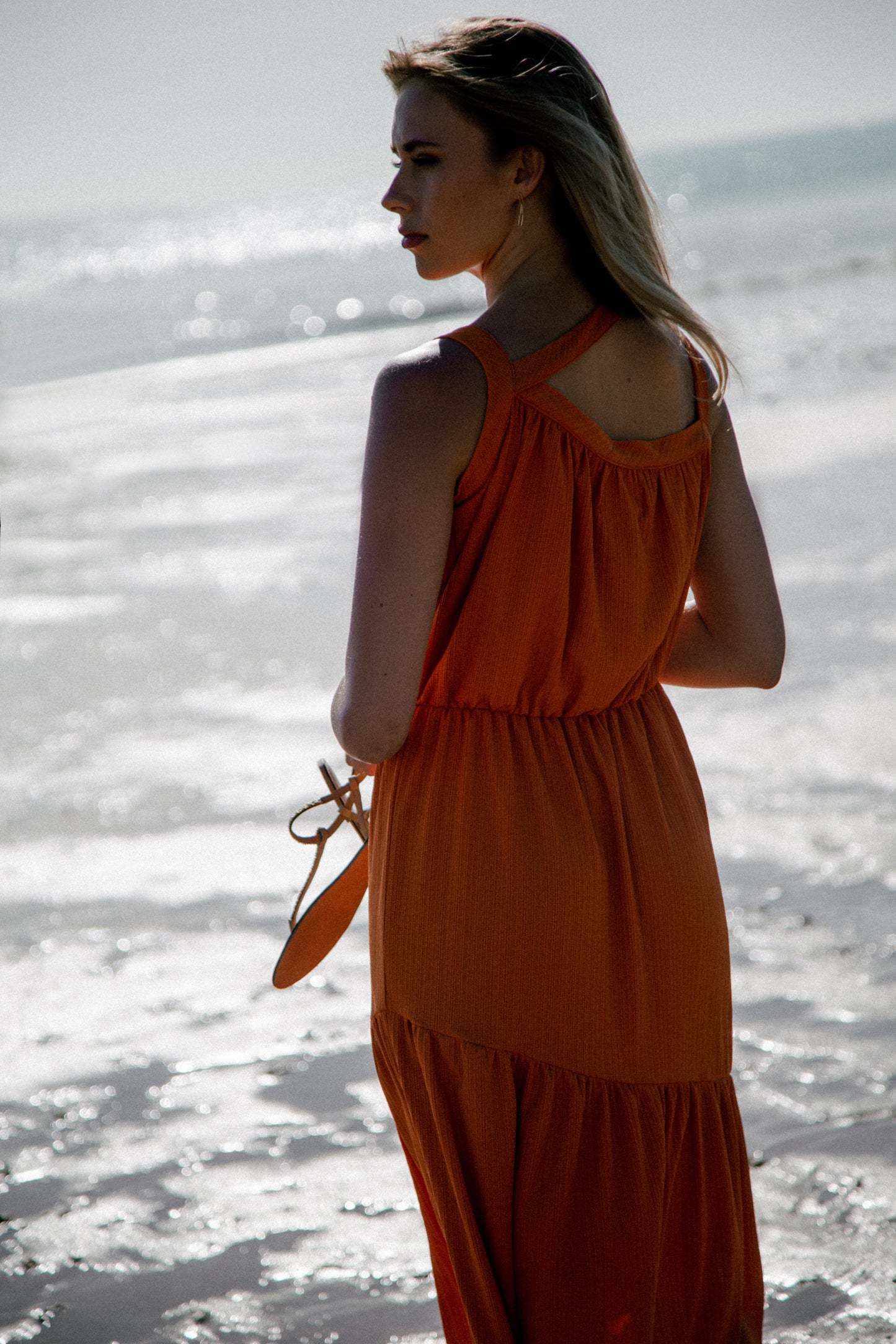 Orange recycled gathered midi dress
