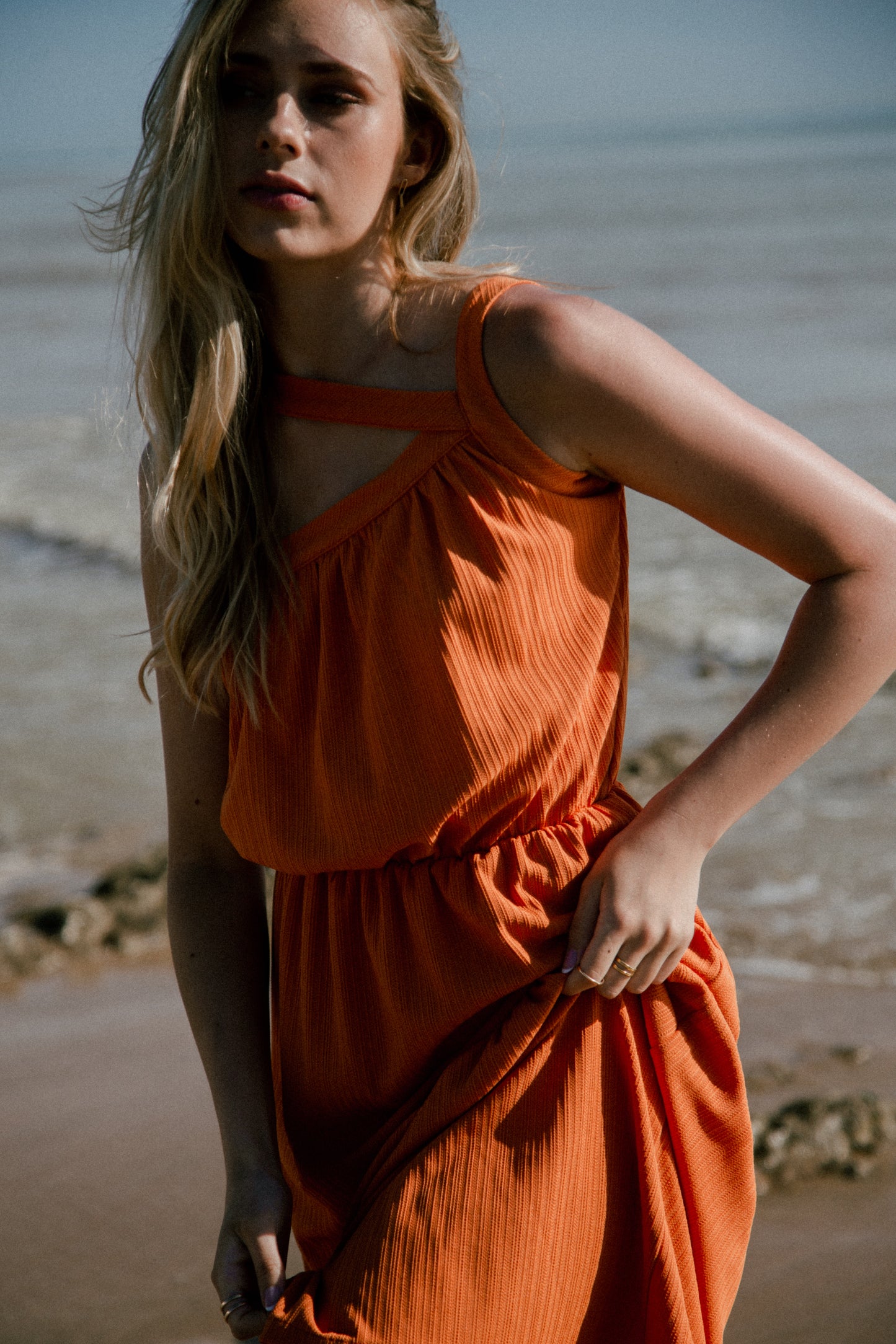 Orange recycled gathered midi dress