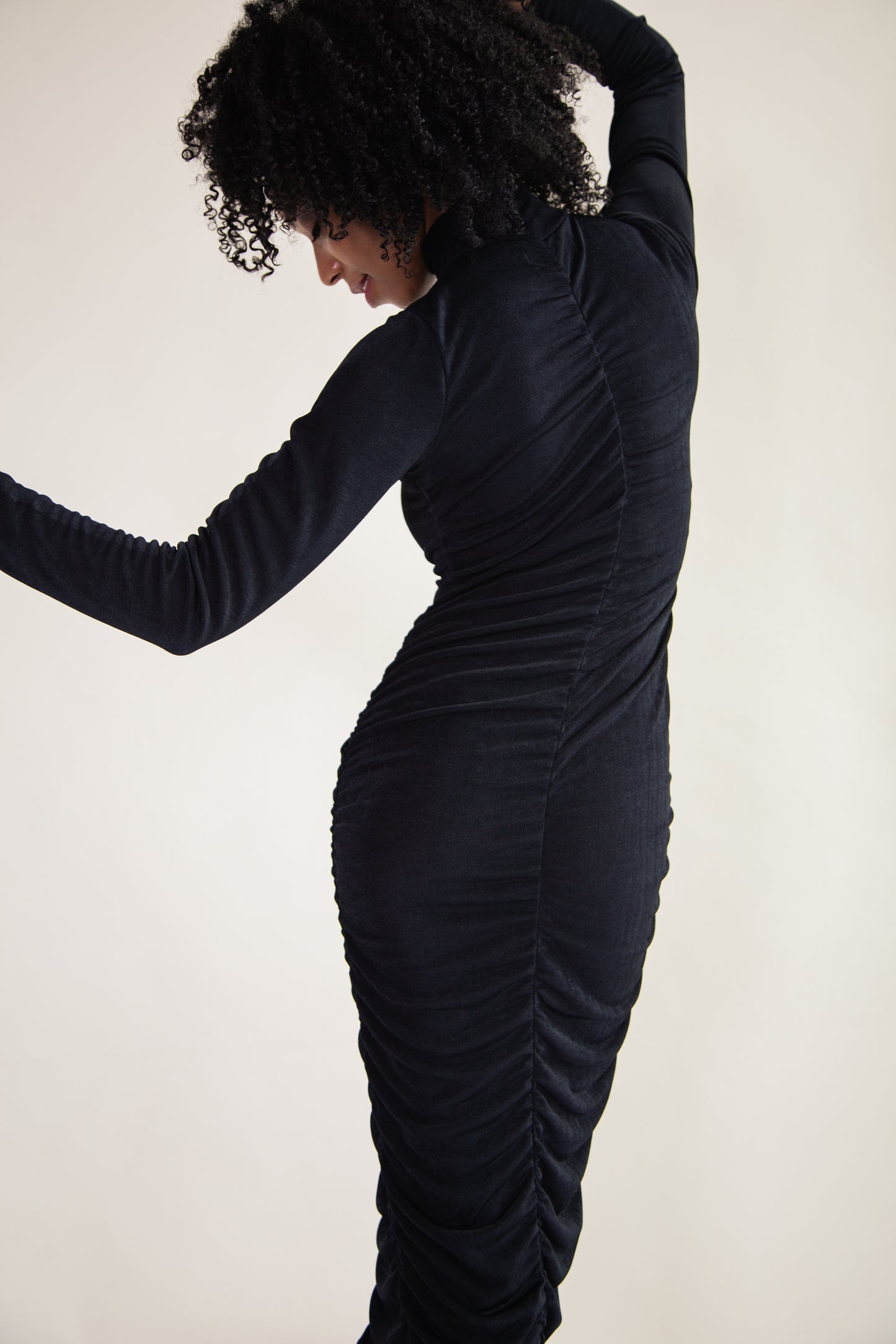 Black recycled ruched midi dress
