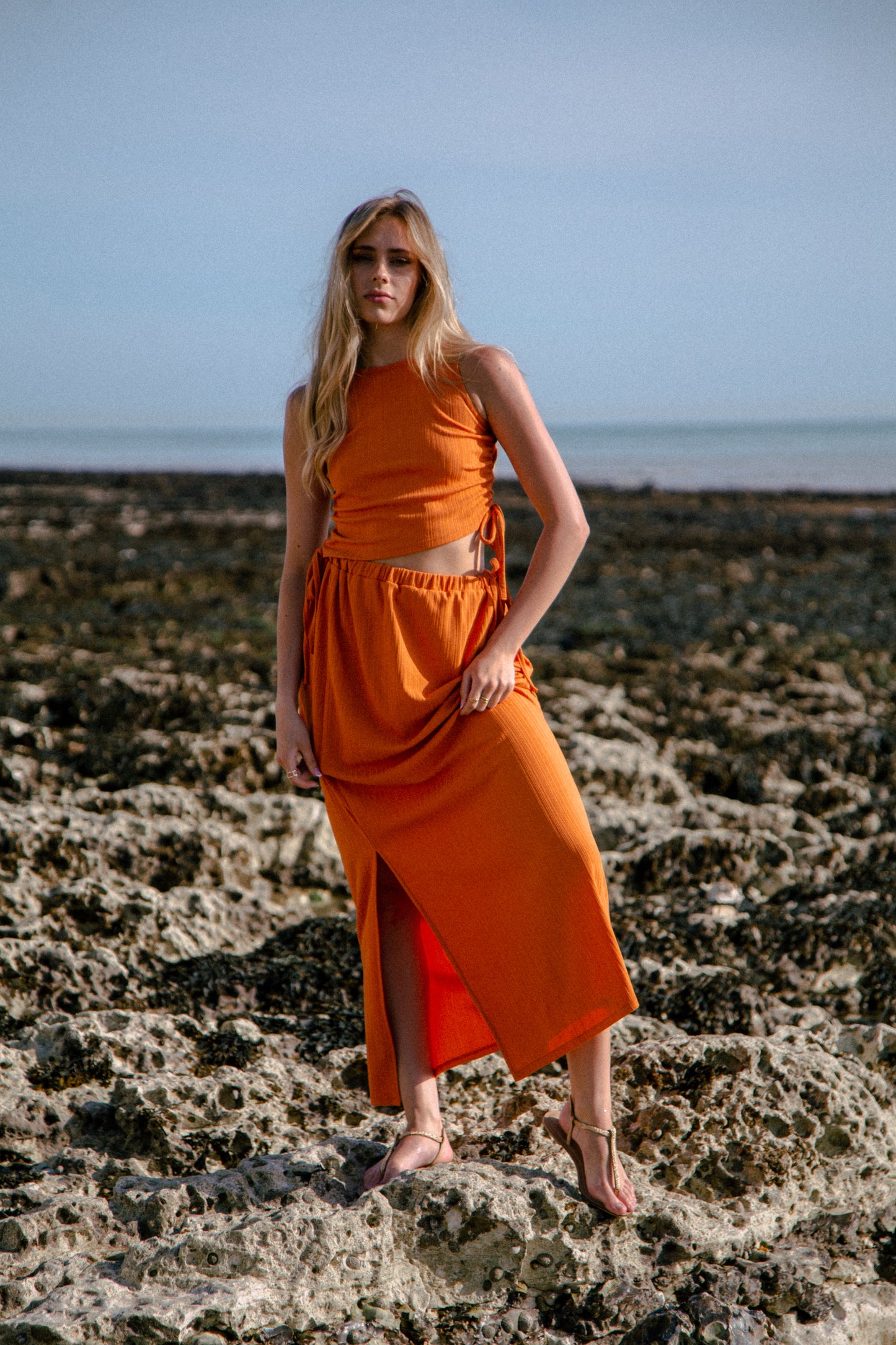 Orange recycled split maxi skirt