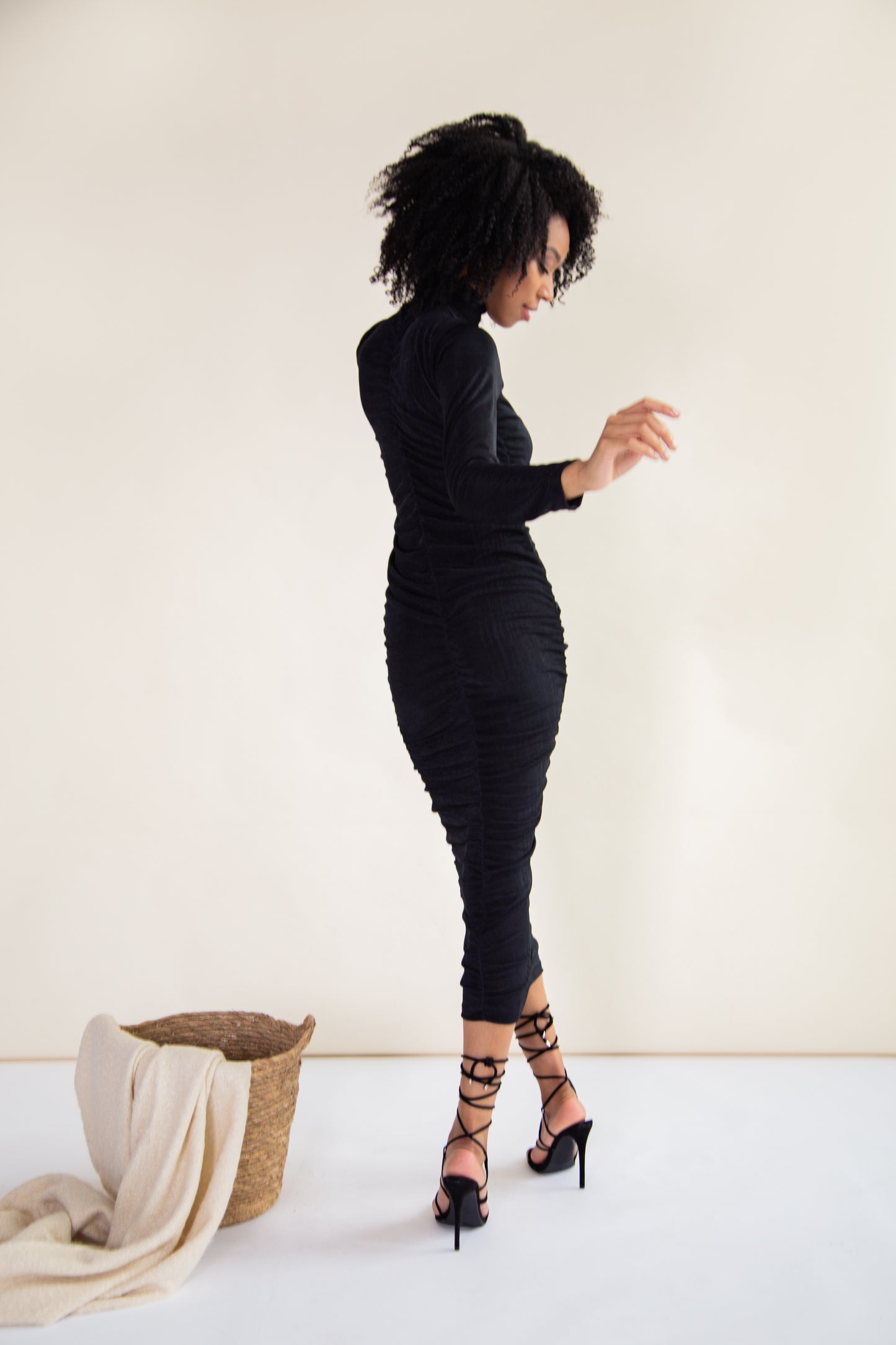 Black recycled ruched midi dress