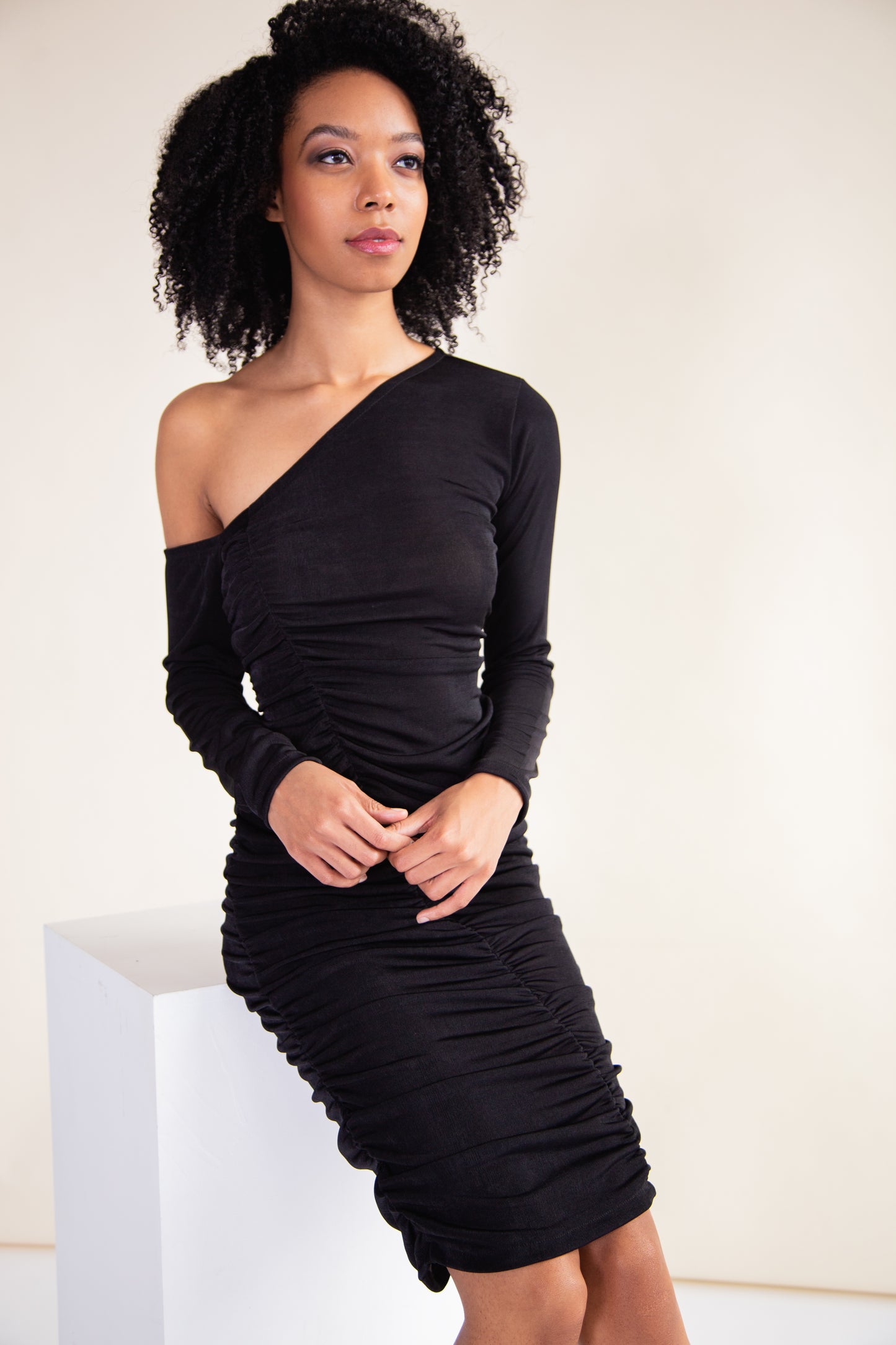 Black recycled ruched mini dress