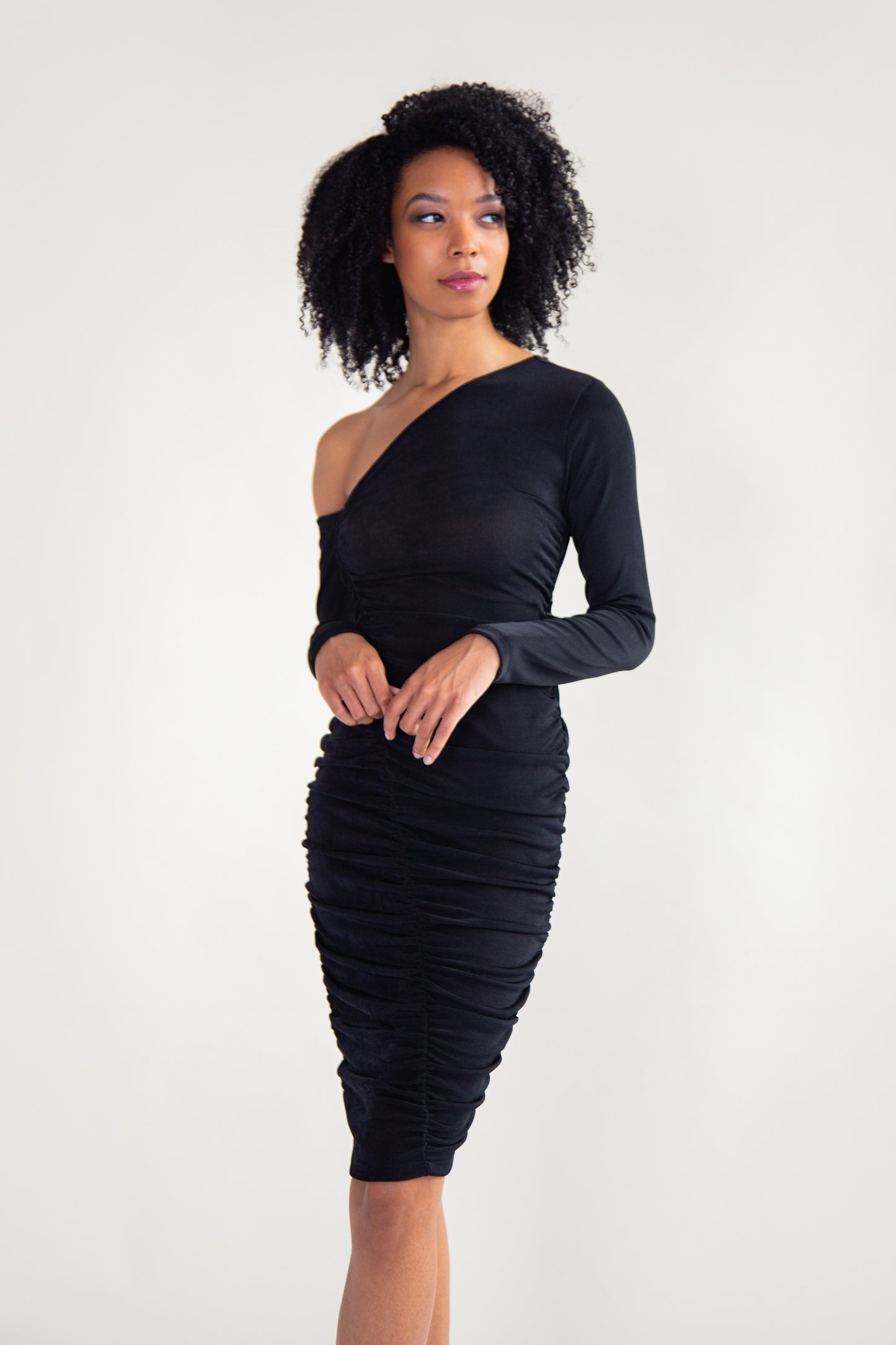 Black recycled ruched mini dress