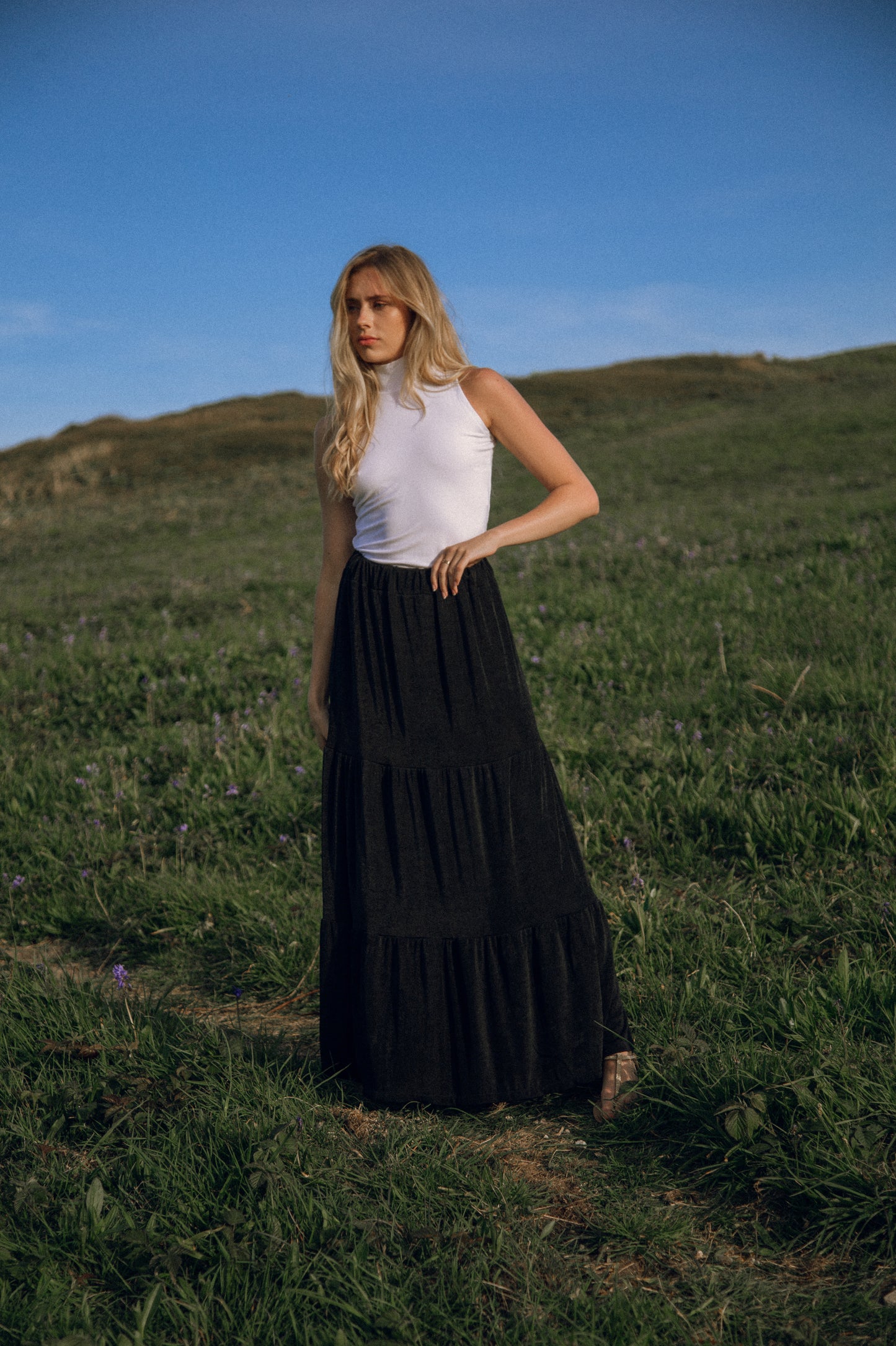Black recycled gathered maxi skirt