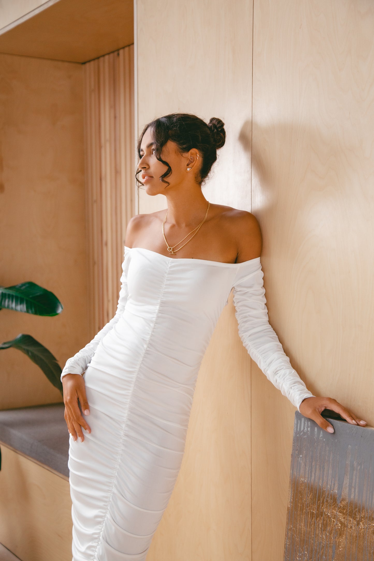 White recycled off shoulder midi dress