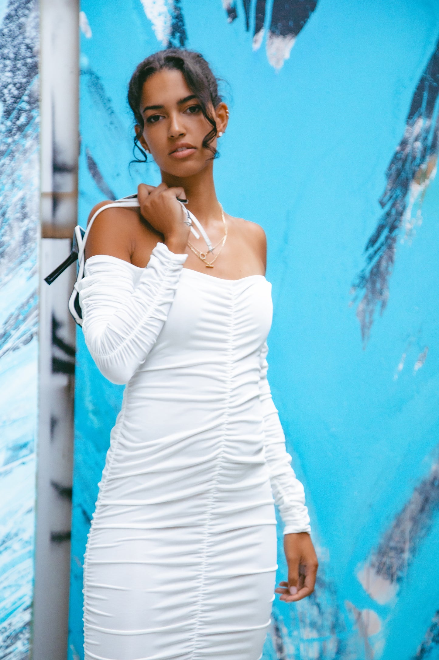 White recycled off shoulder midi dress