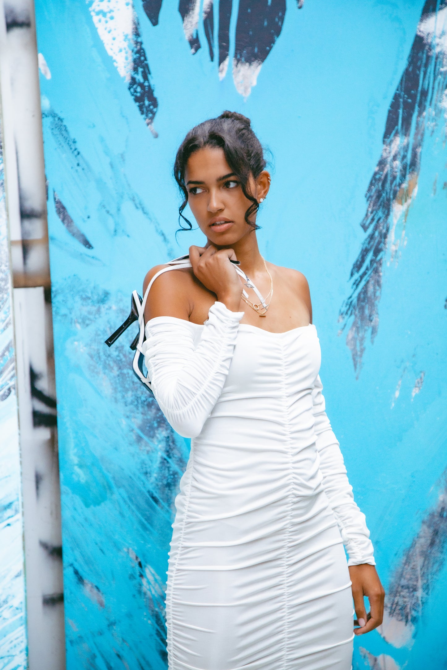 White recycled off shoulder midi dress