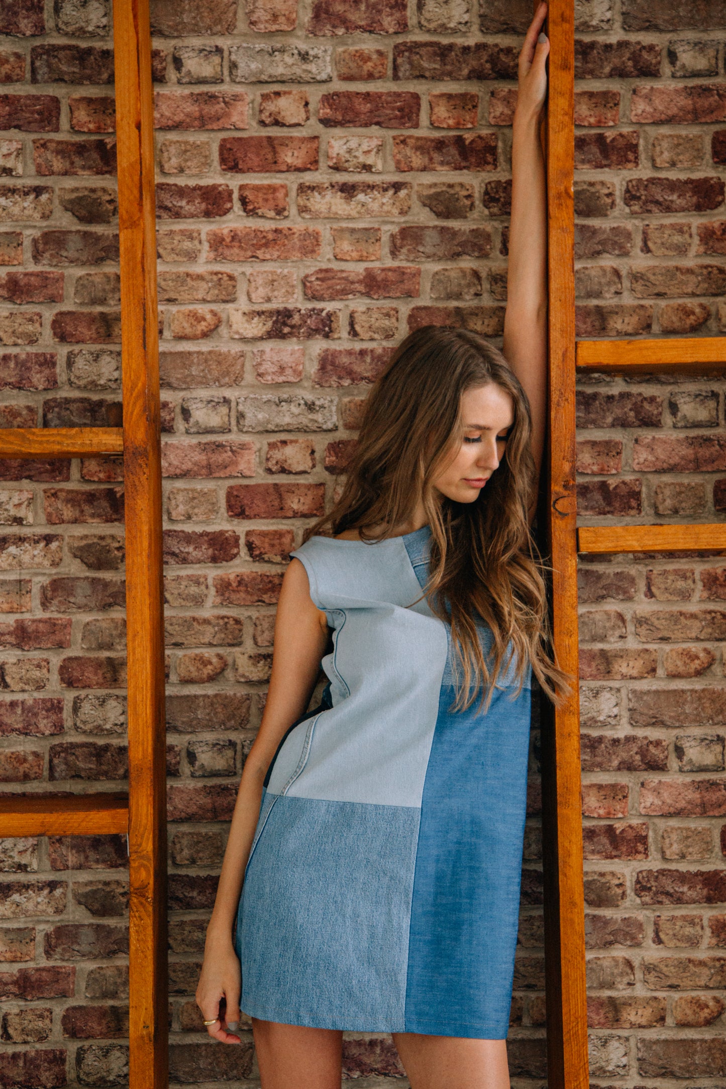 100% Recycled denim patchwork mini dress