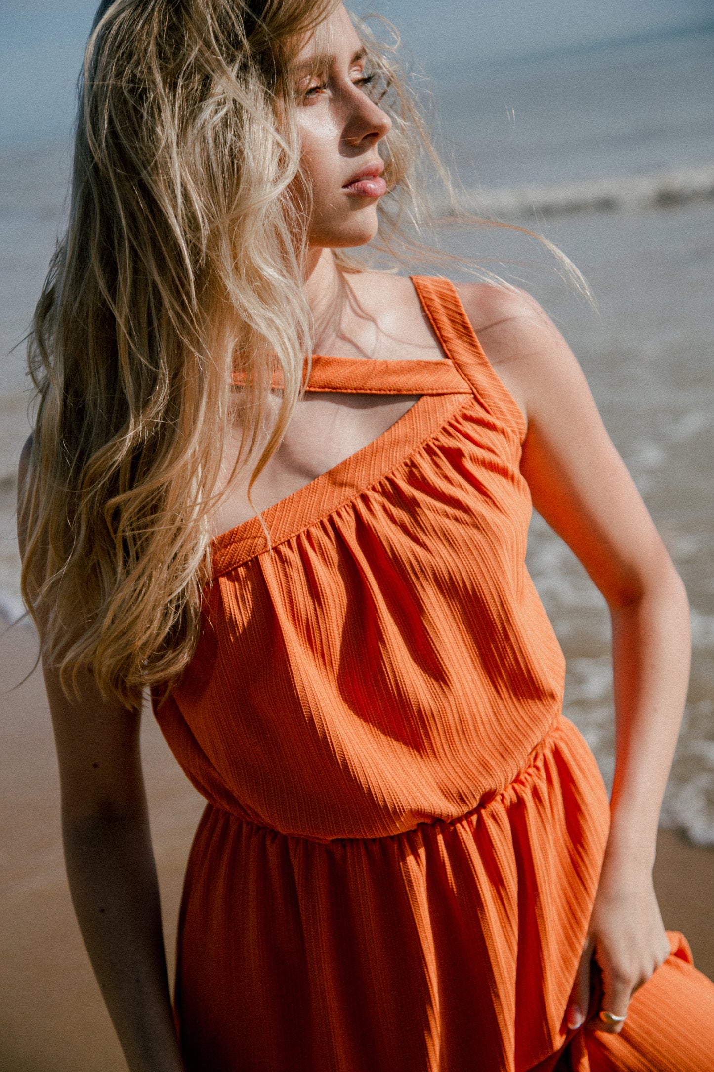 Orange recycled gathered midi dress