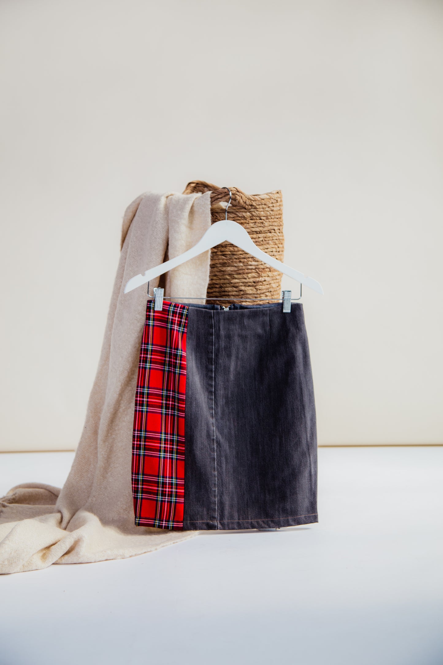 Red Tartan and Recycled Denim Mini Skirt
