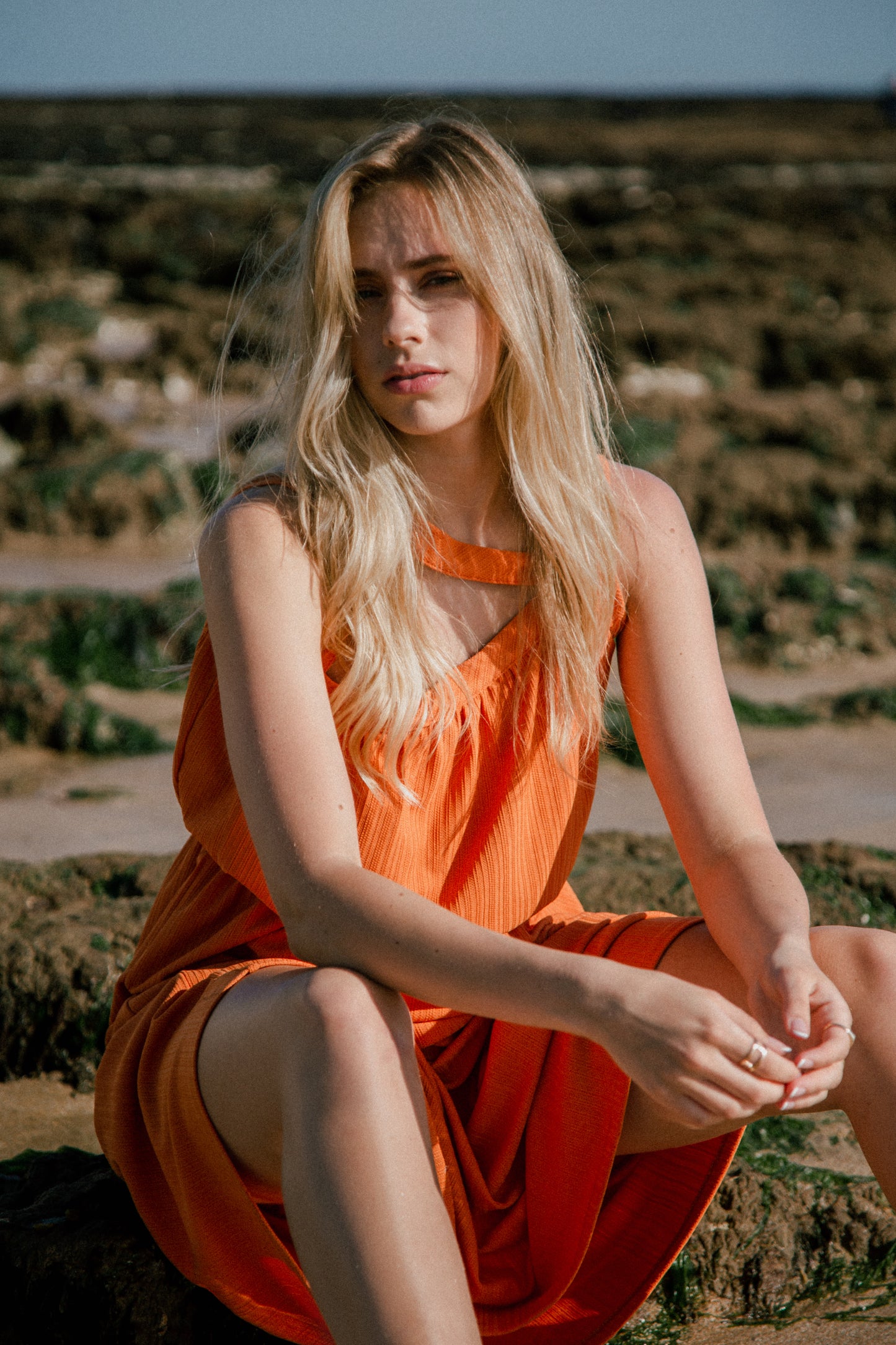 Orange recycled gathered midi dress