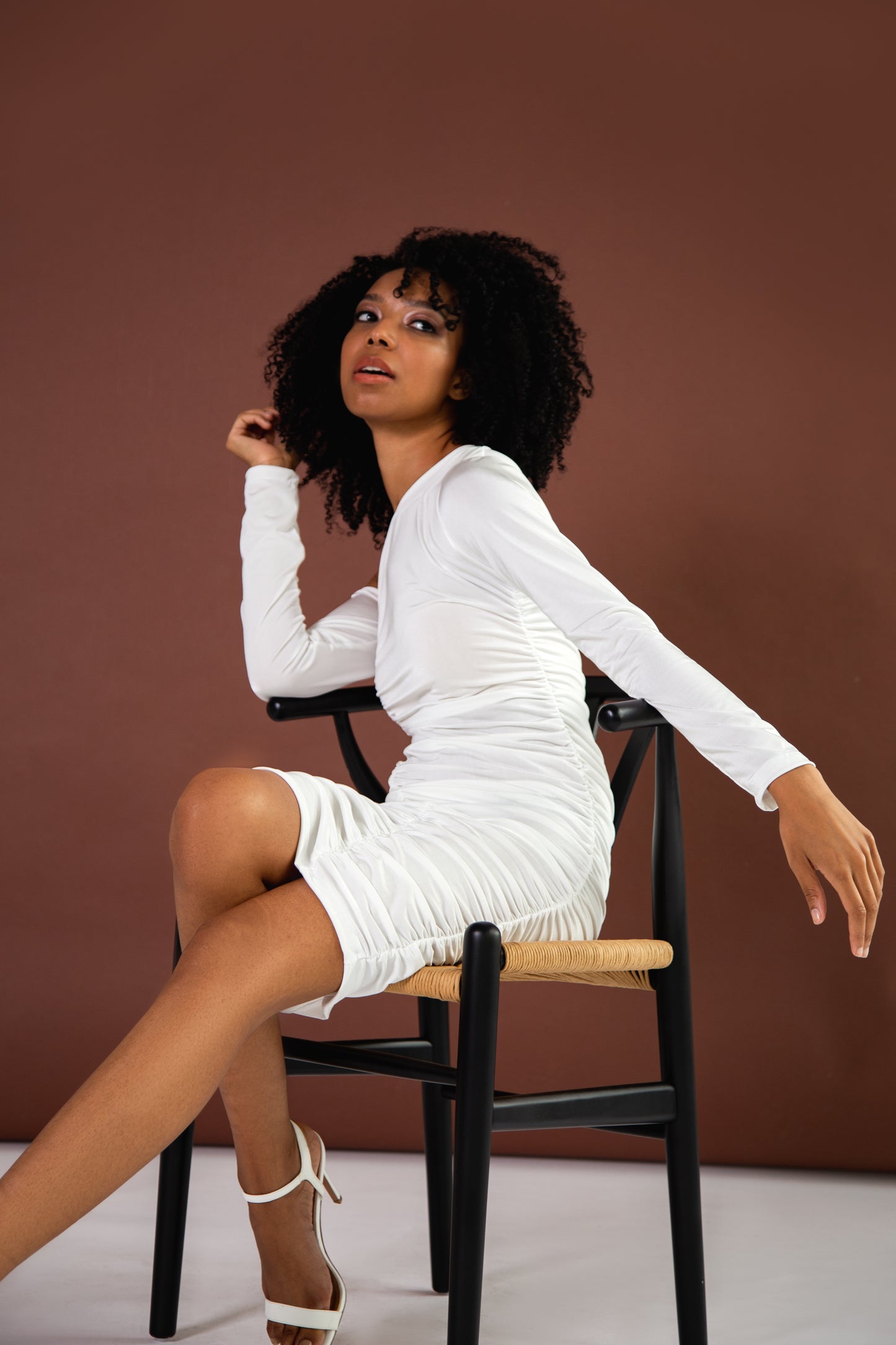 Ivory recycled ruched mini dress