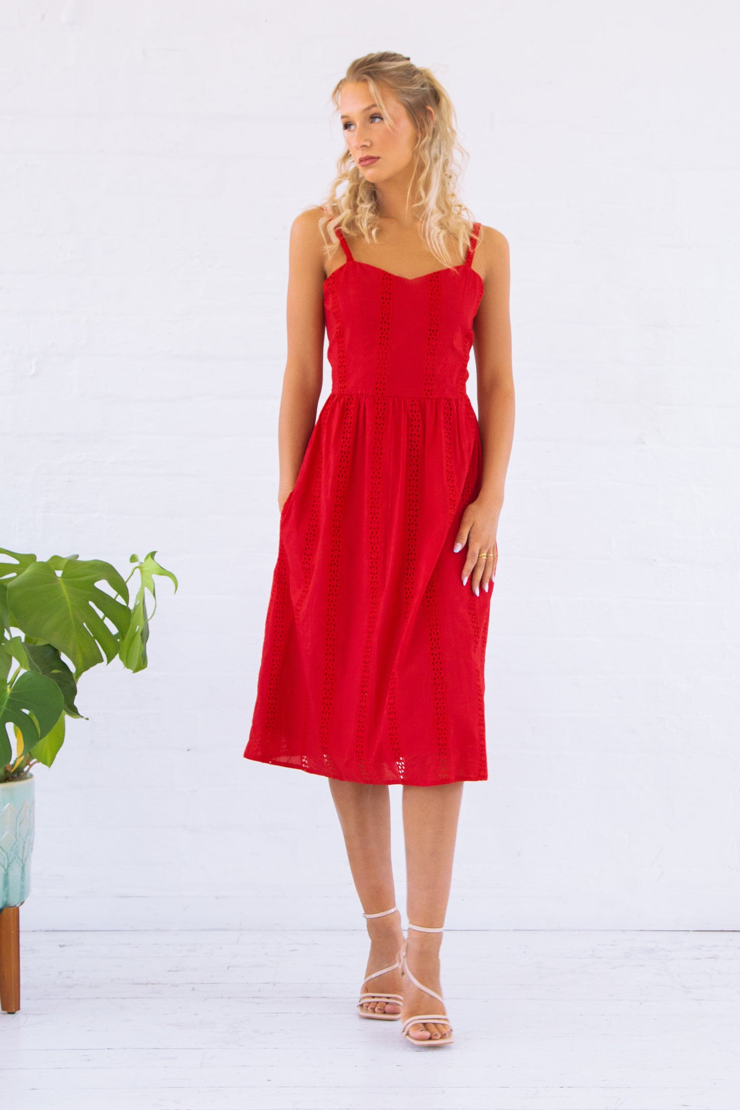 Red Embroidered Organic Cotton Midi Dress