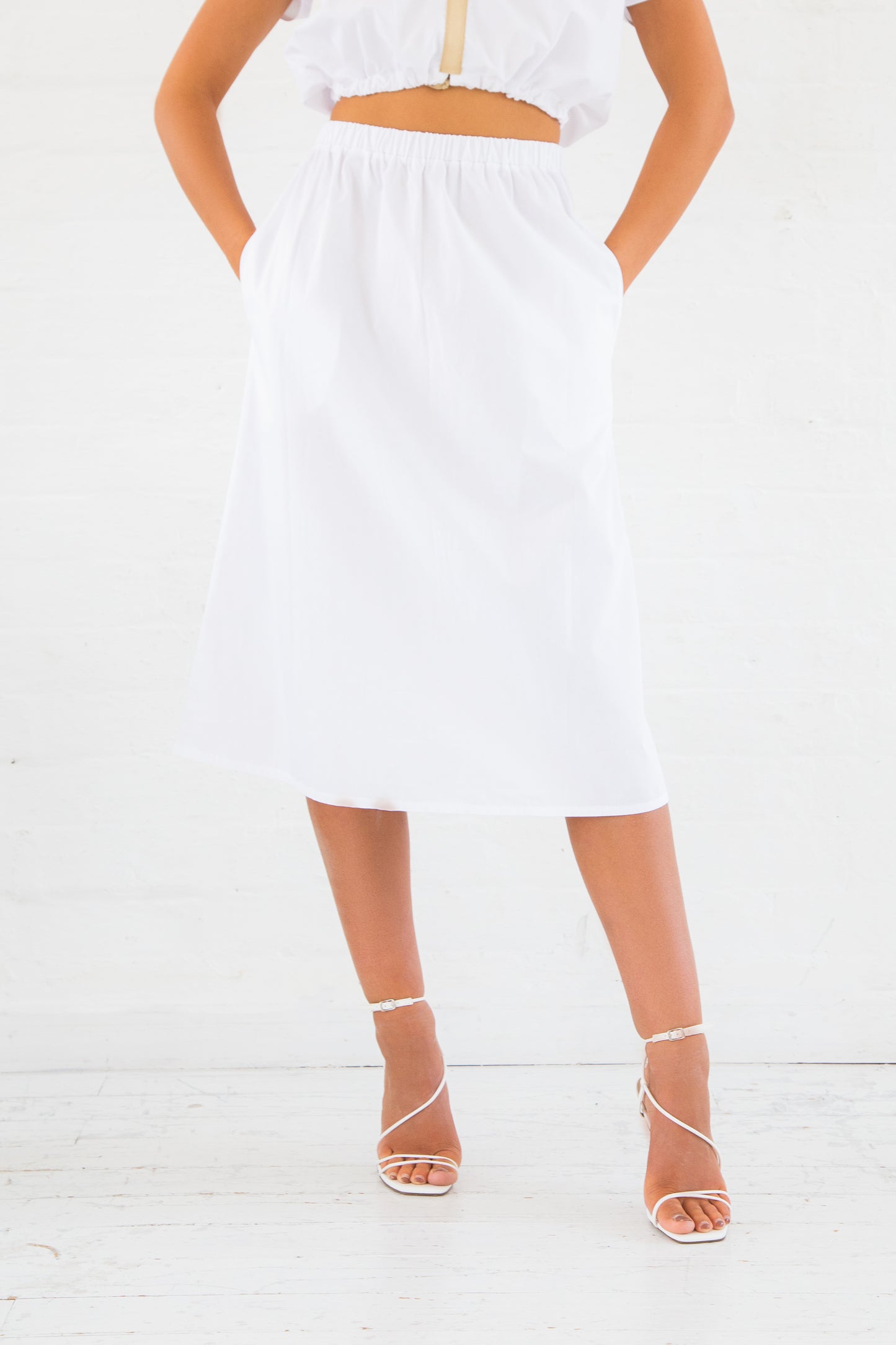 White Organic Poplin Midi Skirt