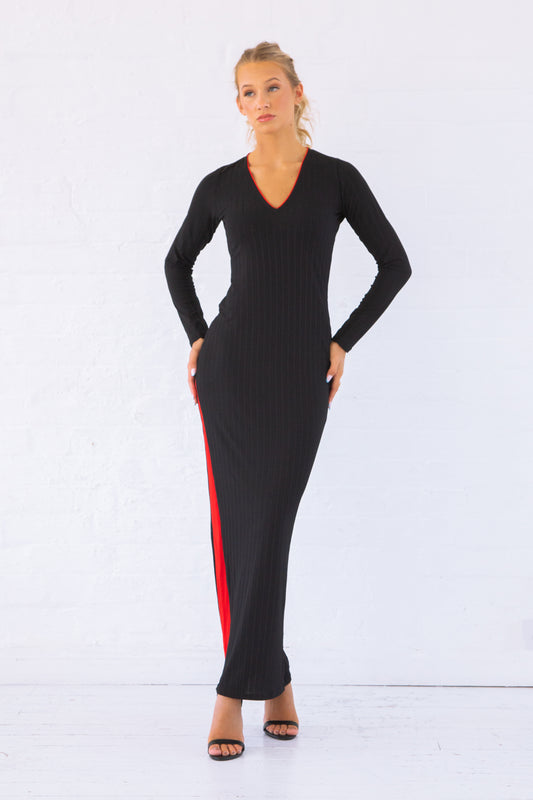 Black and red recycled V neck maxi dress