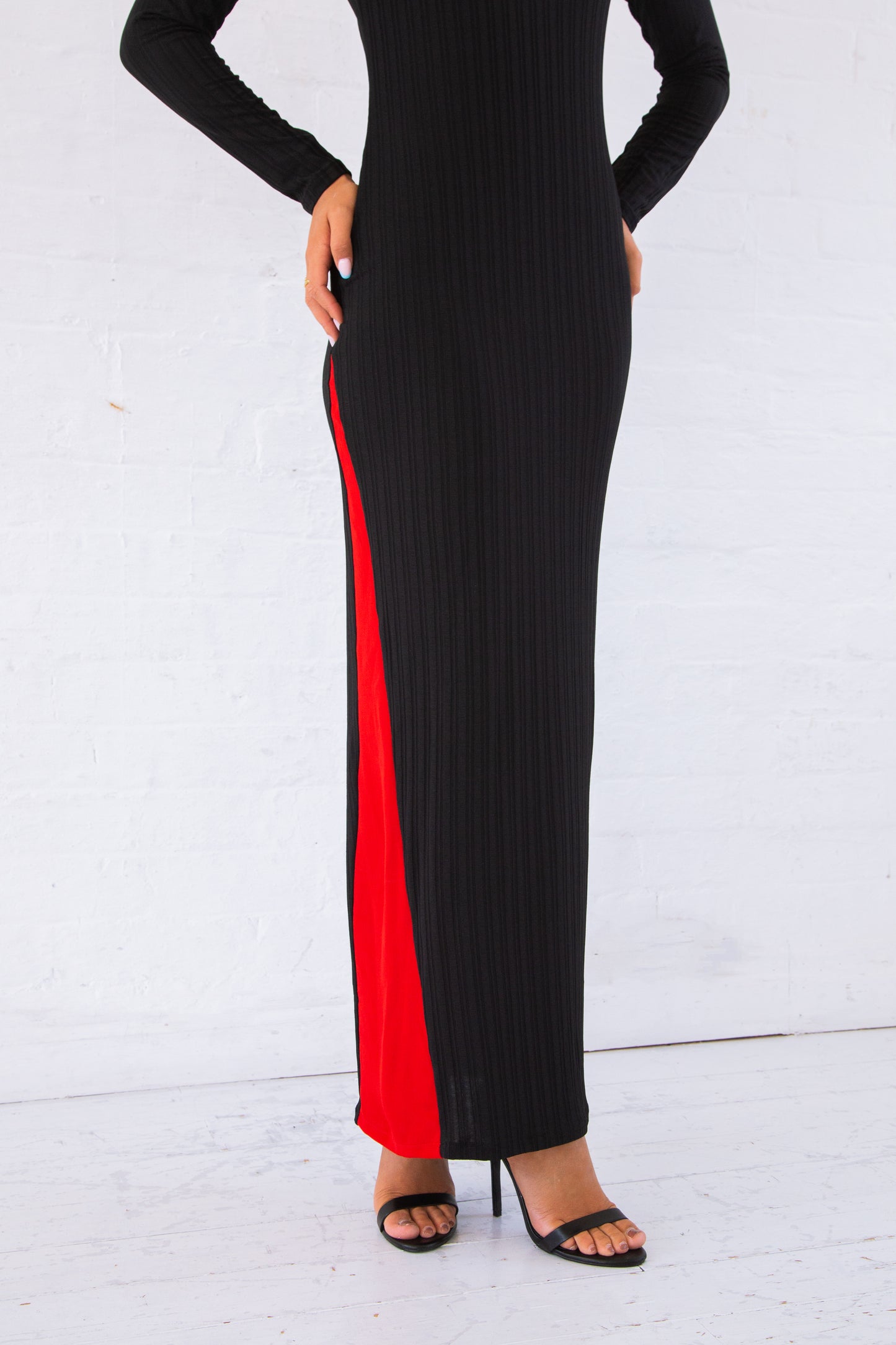 Black and red recycled V neck maxi dress