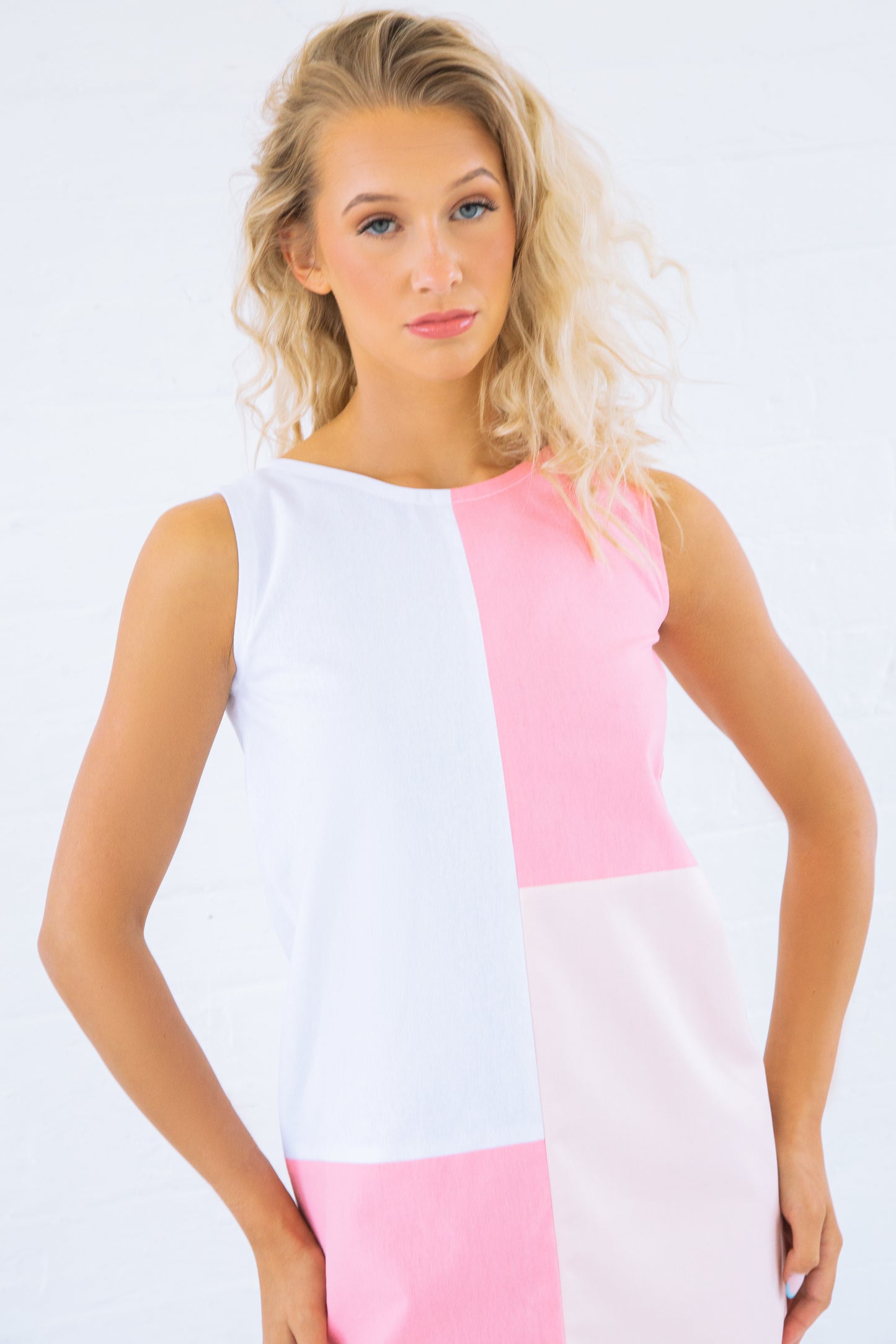 Pink and White Patchwork Mini Dress