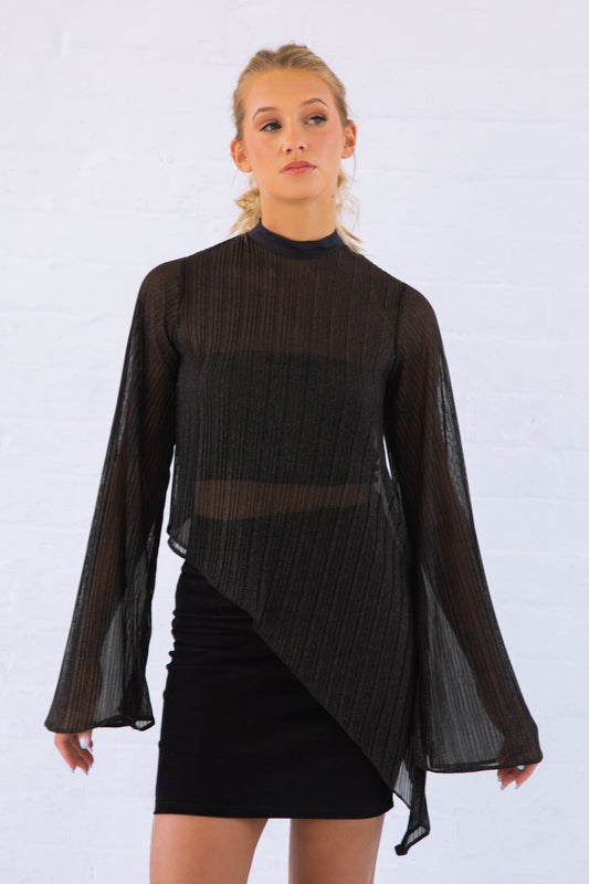 Black and gold sheer asymmetric top