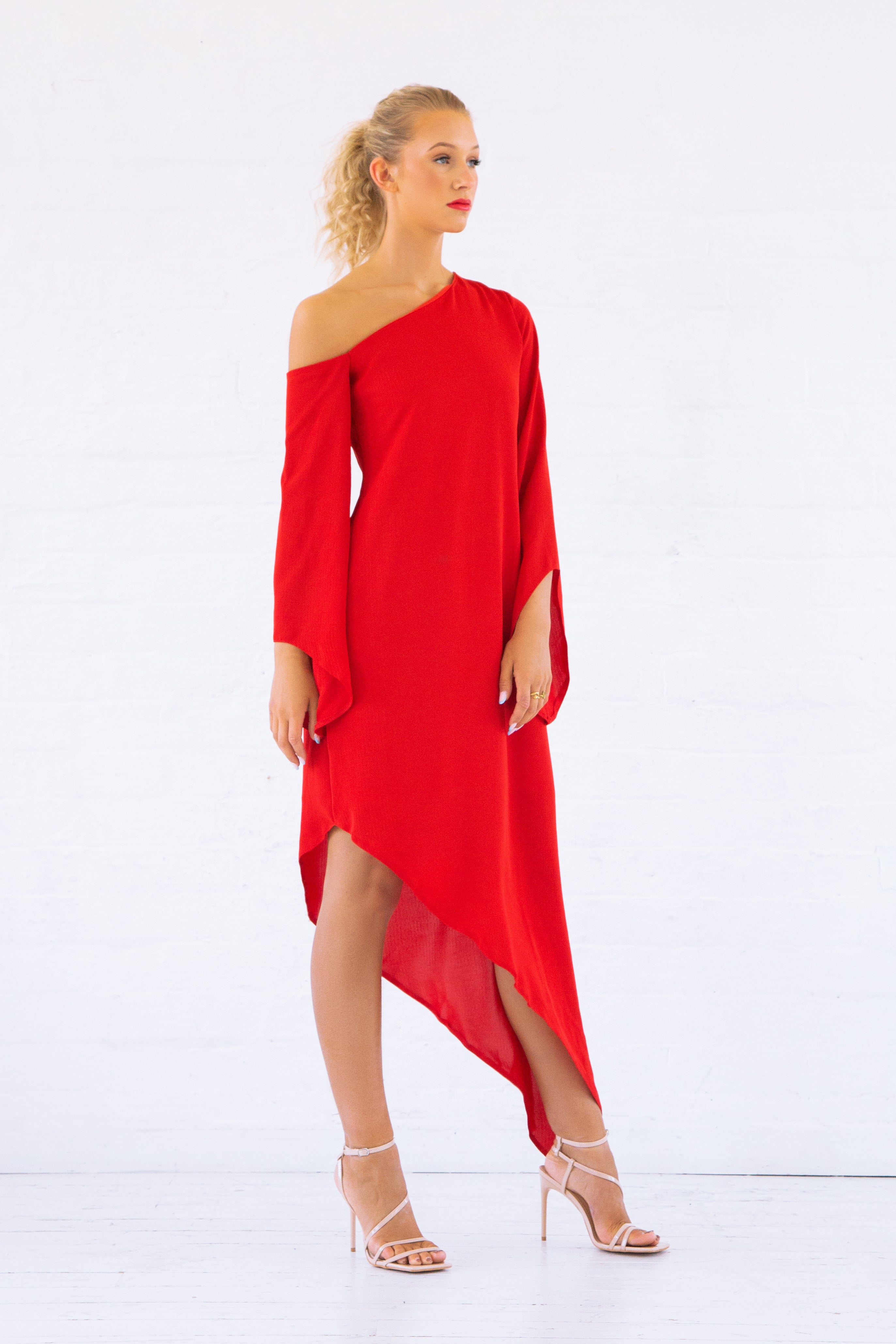 Red Asymmetric One Shoulder Dress