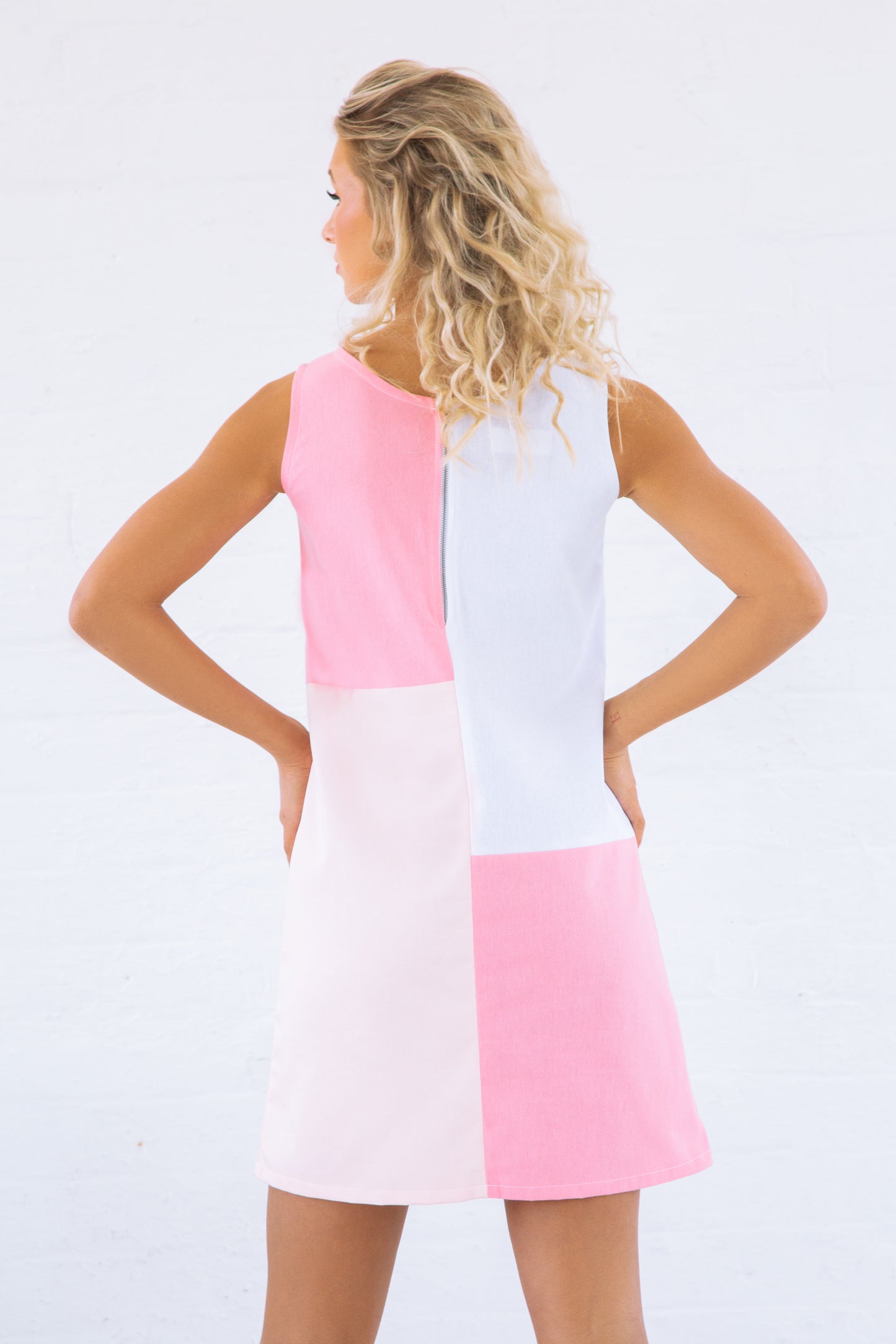 Pink and White Patchwork Mini Dress