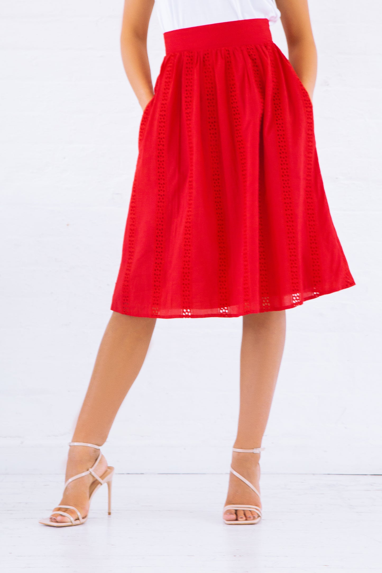Red Embroidered Organic Cotton Midi Skirt
