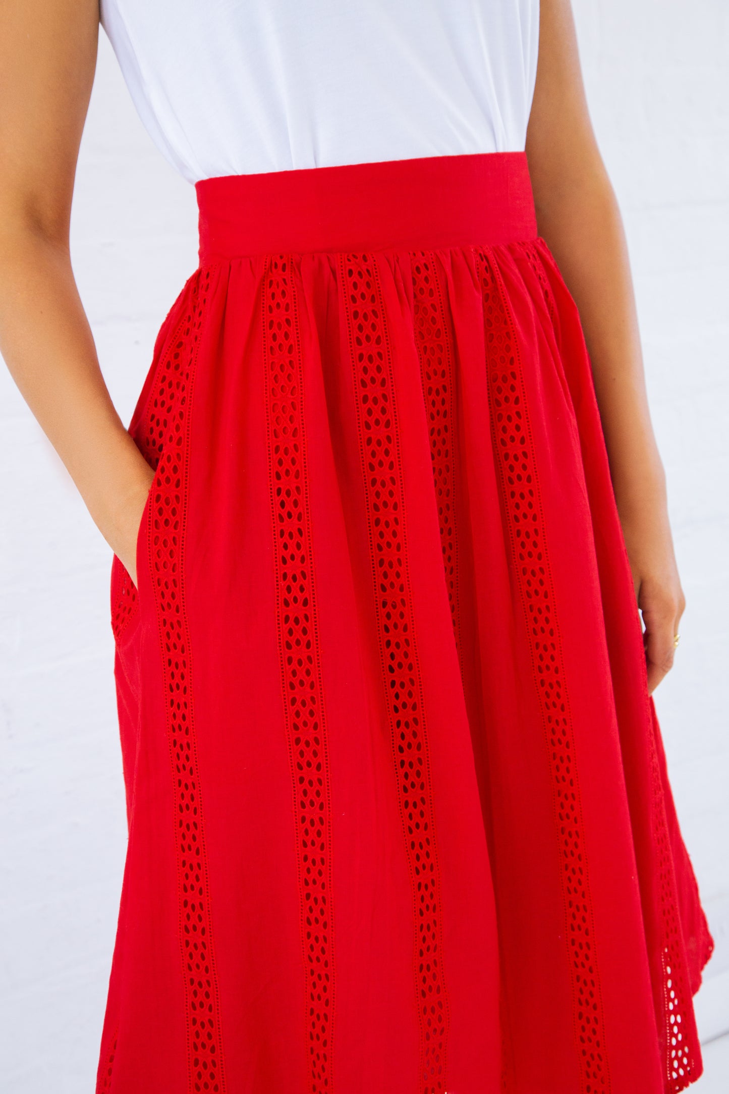 Red Embroidered Organic Cotton Midi Skirt