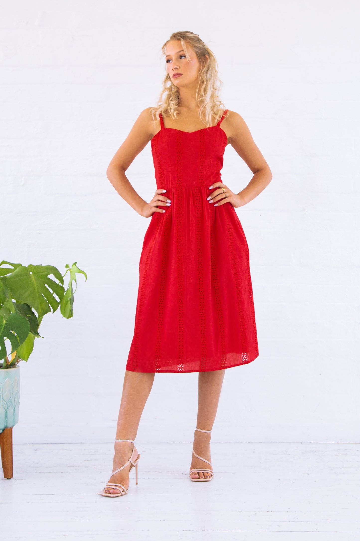 Red Embroidered Organic Cotton Midi Dress
